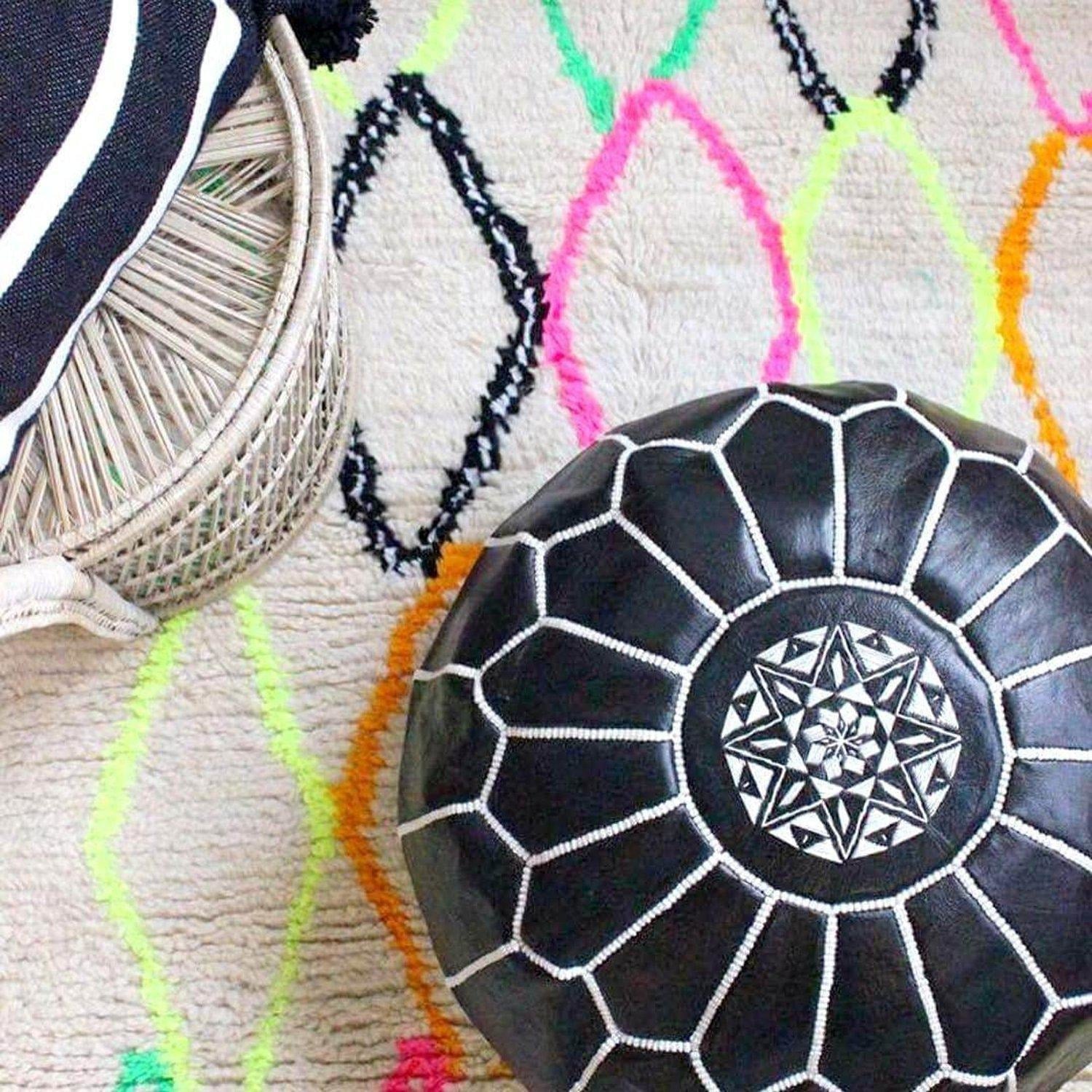 Authentic Moroccan Leather Pouf - Black - Benisouk Authentic Moroccan Leather Pouf - Black - Benisouk