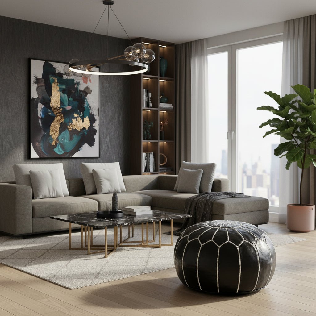 Authentic Moroccan Leather Pouf - Black - Benisouk