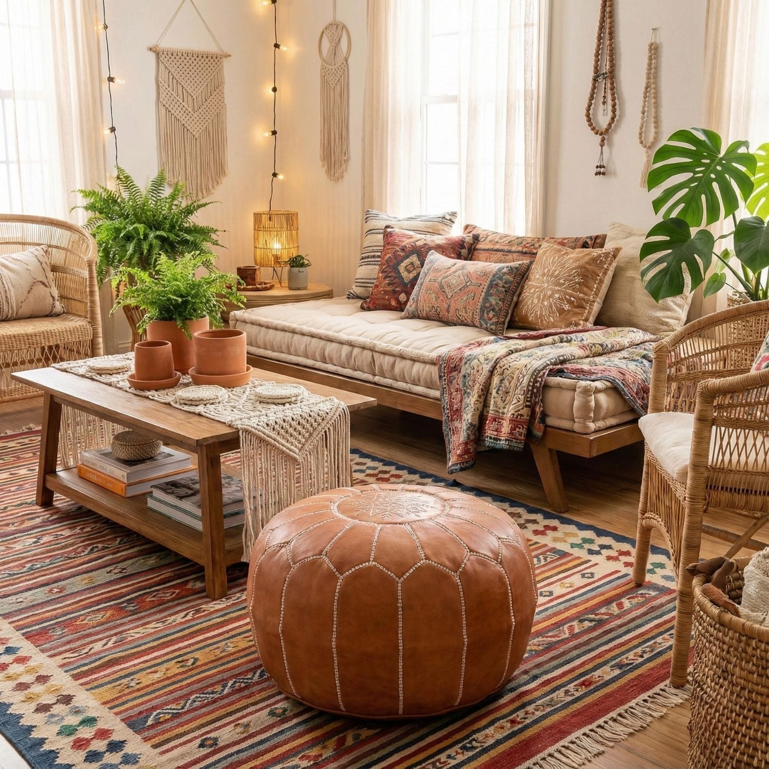 Authentic Moroccan Leather Pouf - Brown - Benisouk