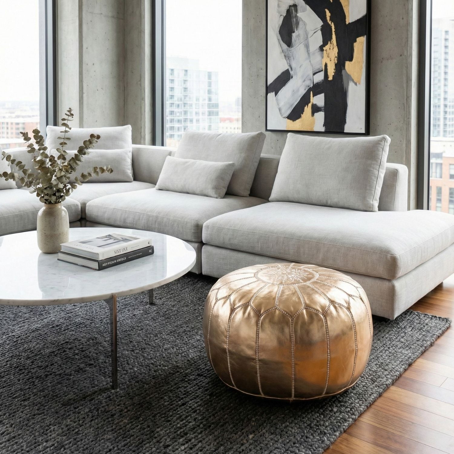 Authentic Moroccan Leather Pouf - Gold - Benisouk