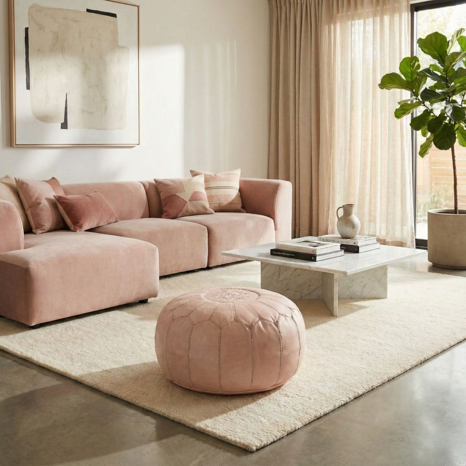 Authentic Moroccan Leather Pouf - Nude - Benisouk