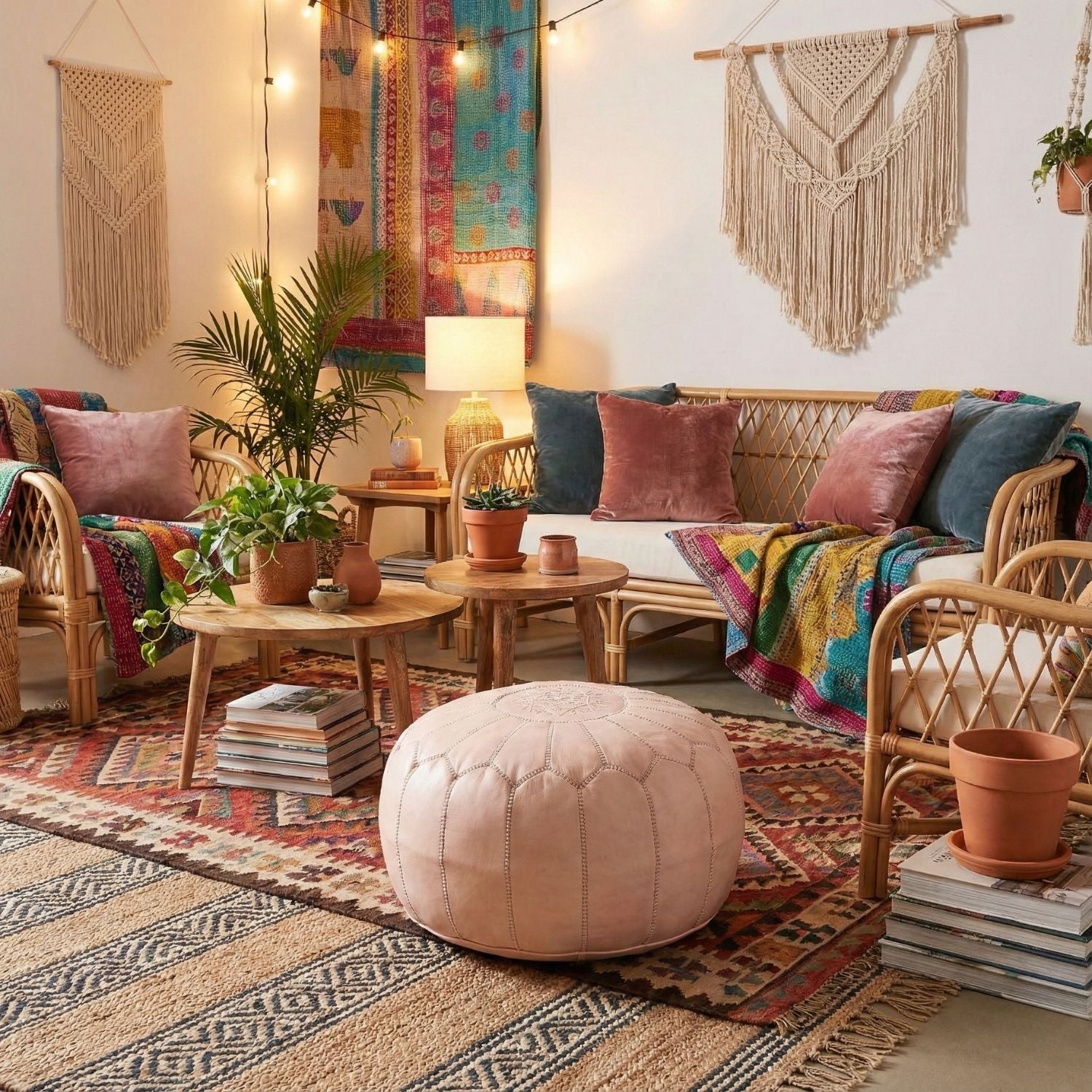 Authentic Moroccan Leather Pouf - Nude - Benisouk