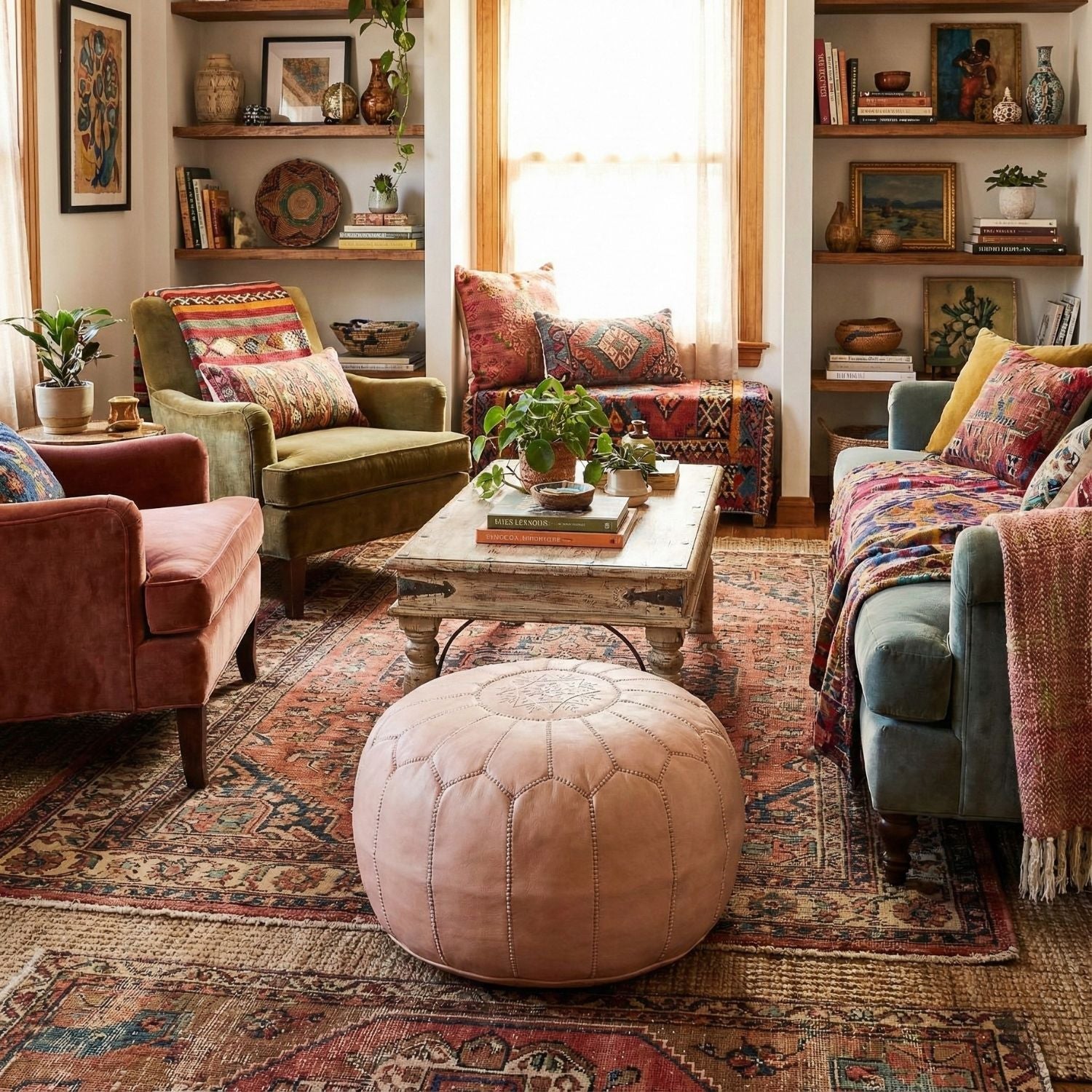 Authentic Moroccan Leather Pouf - Nude - Benisouk