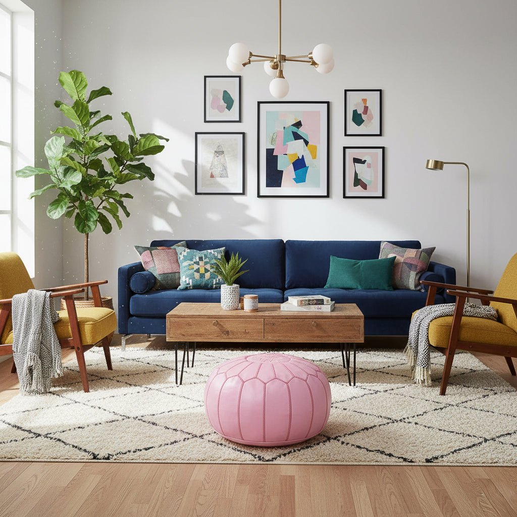 Authentic Moroccan Leather Pouf - Pink - Benisouk