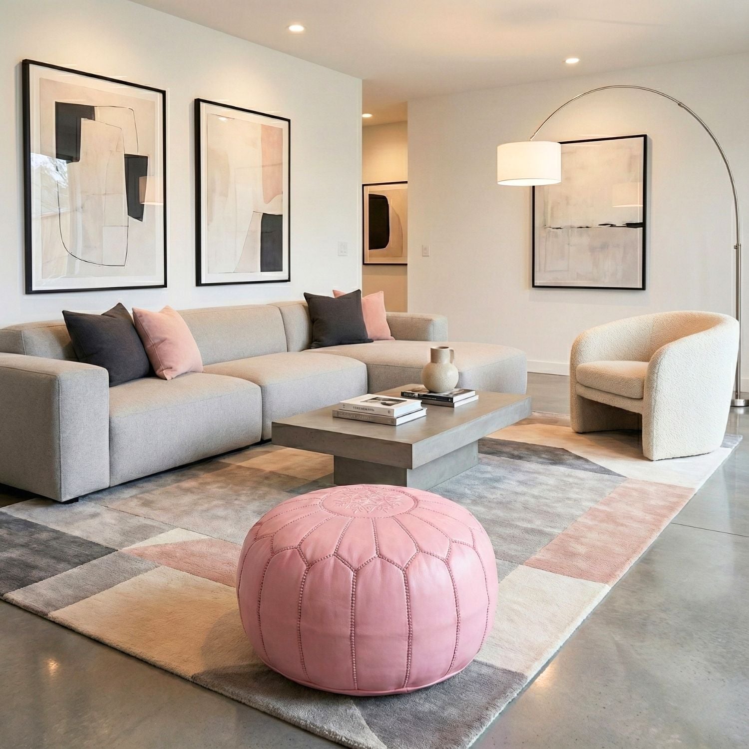 Authentic Moroccan Leather Pouf - Pink - Benisouk