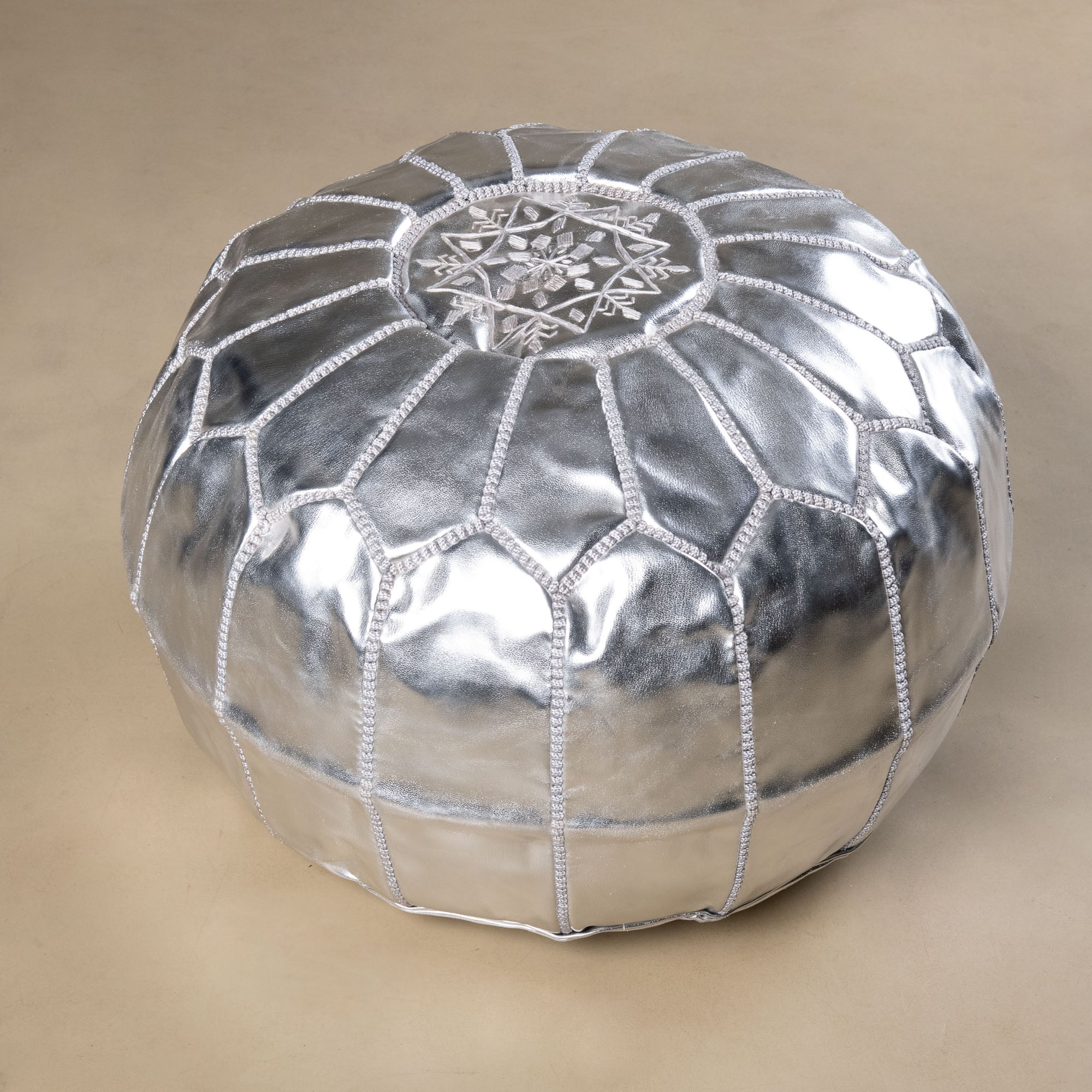 Authentic Moroccan Leather Pouf - Silver - Benisouk