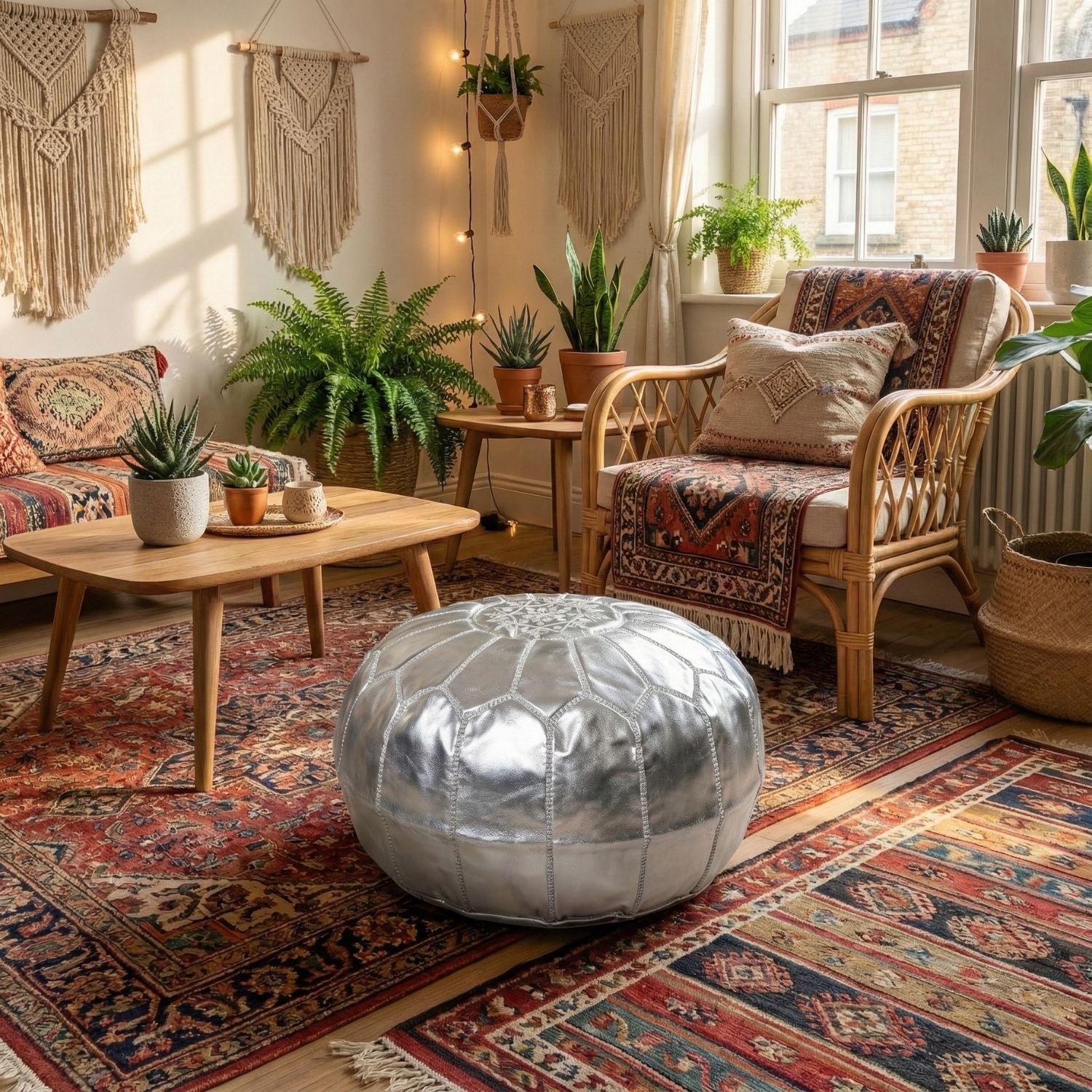 Authentic Moroccan Leather Pouf - Silver - Benisouk