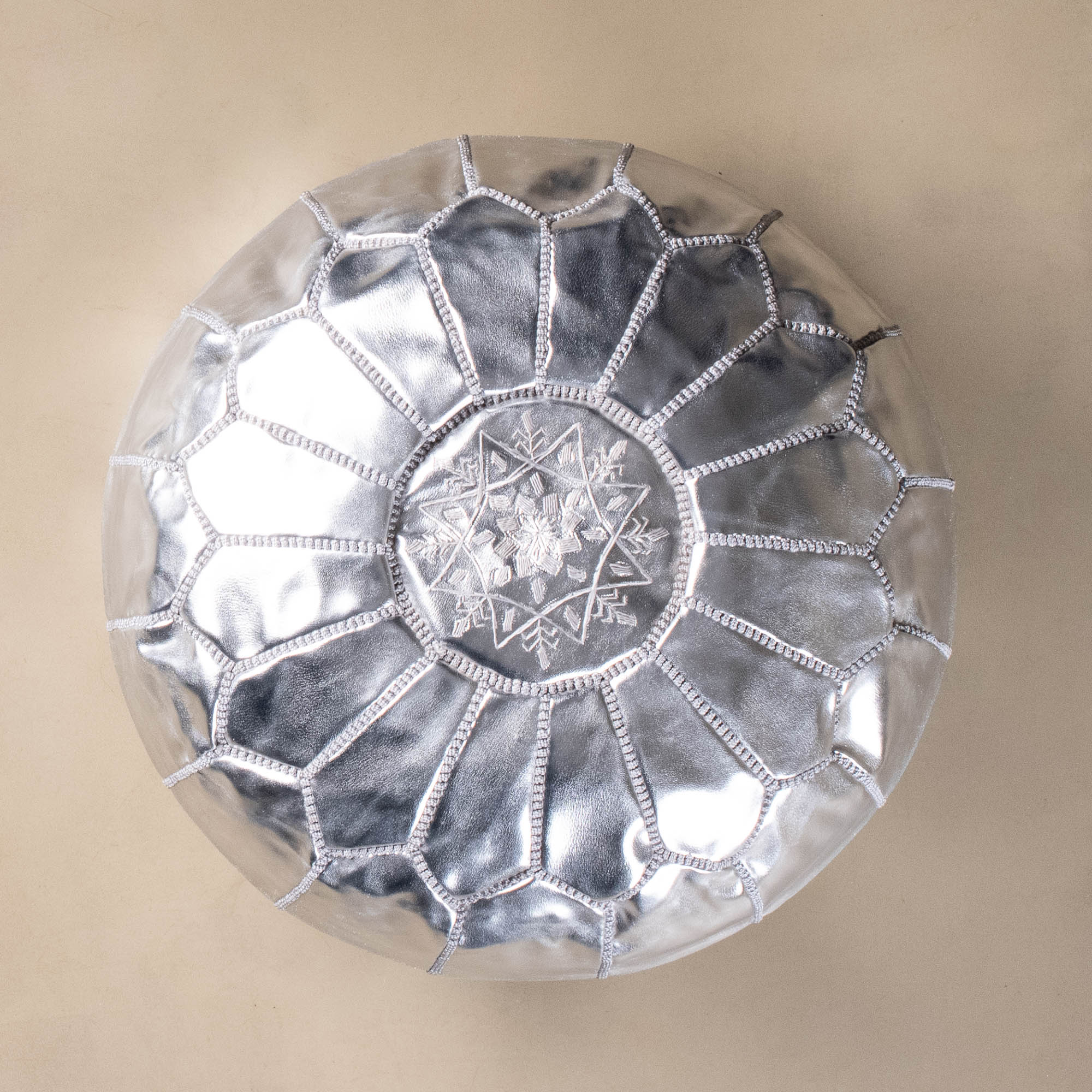 Authentic Moroccan Leather Pouf - Silver - Benisouk