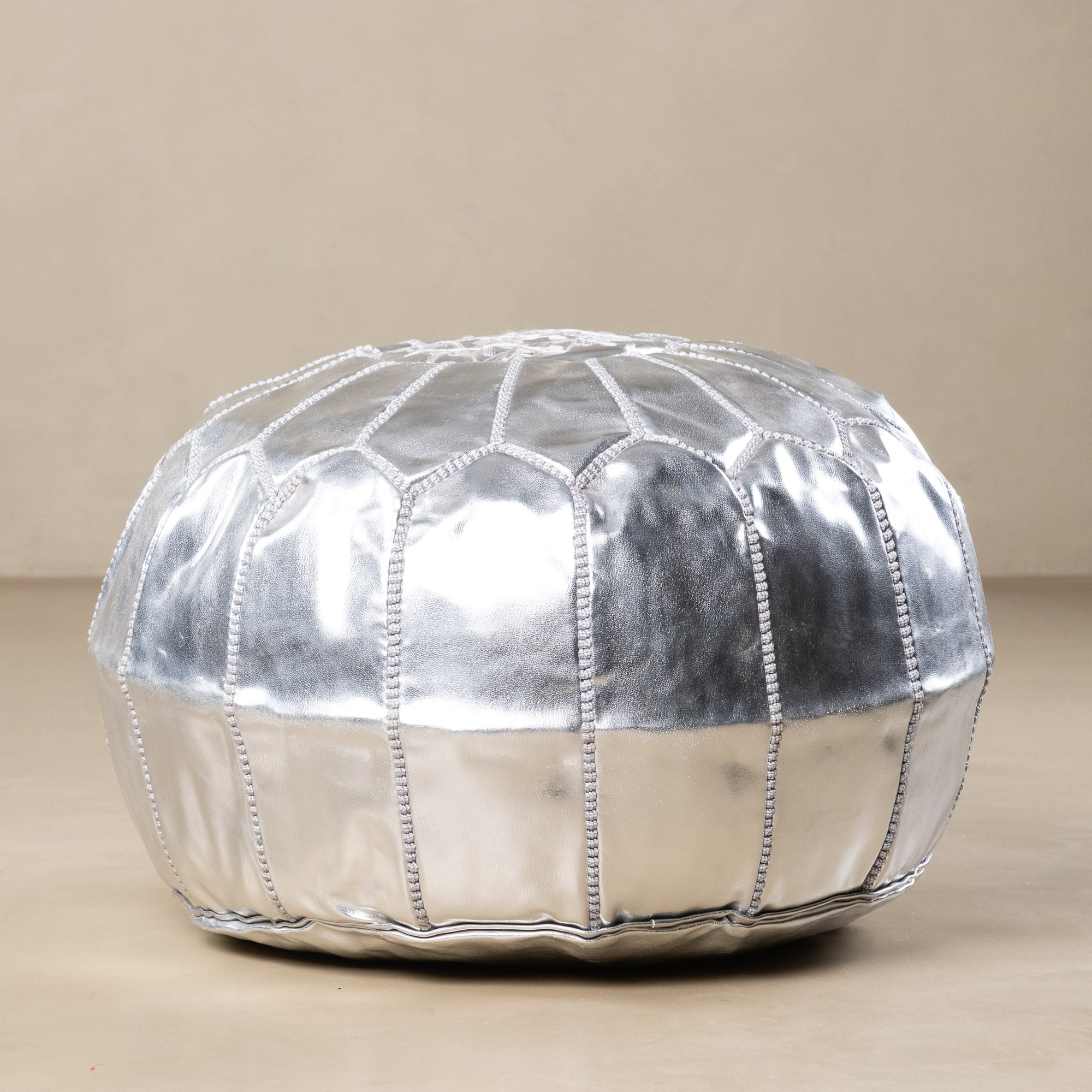 Authentic Moroccan Leather Pouf - Silver - Benisouk