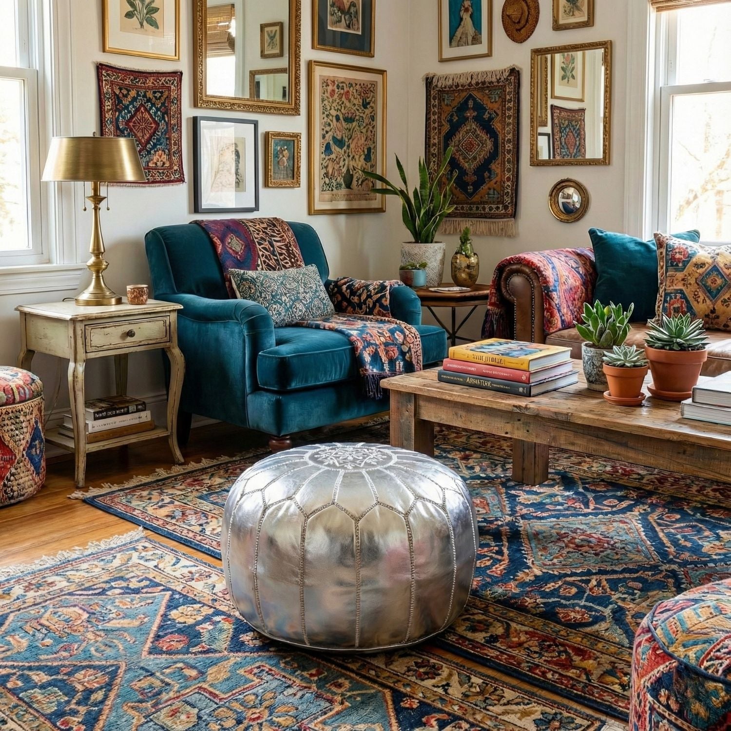 Authentic Moroccan Leather Pouf - Silver - Benisouk