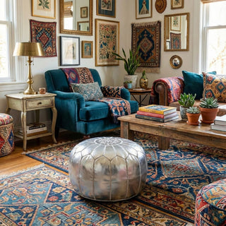 Authentic Moroccan Leather Pouf - Silver - Benisouk