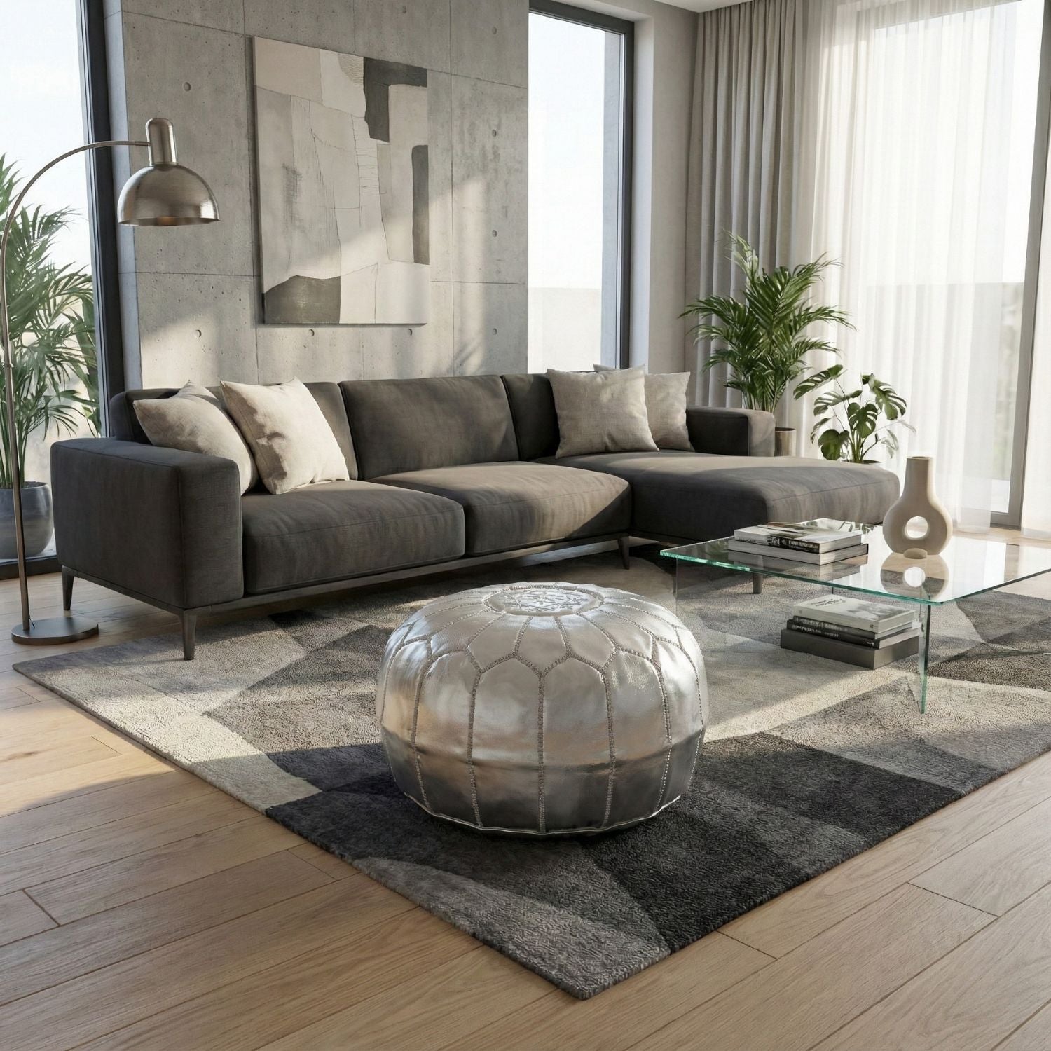 Authentic Moroccan Leather Pouf - Silver - Benisouk