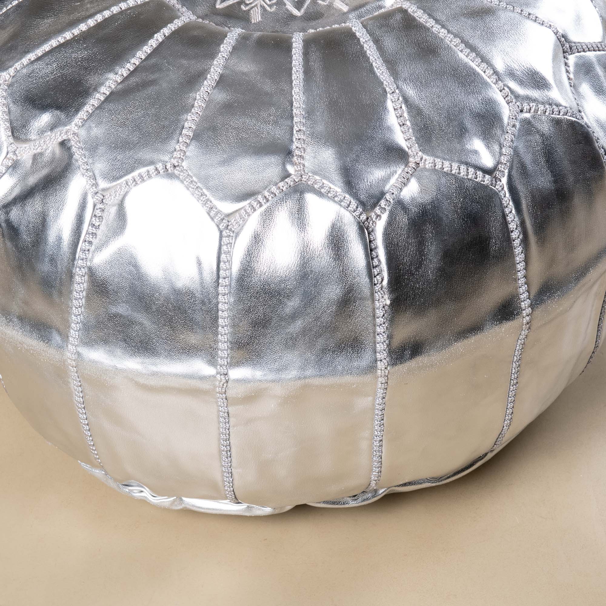 Authentic Moroccan Leather Pouf - Silver - Benisouk
