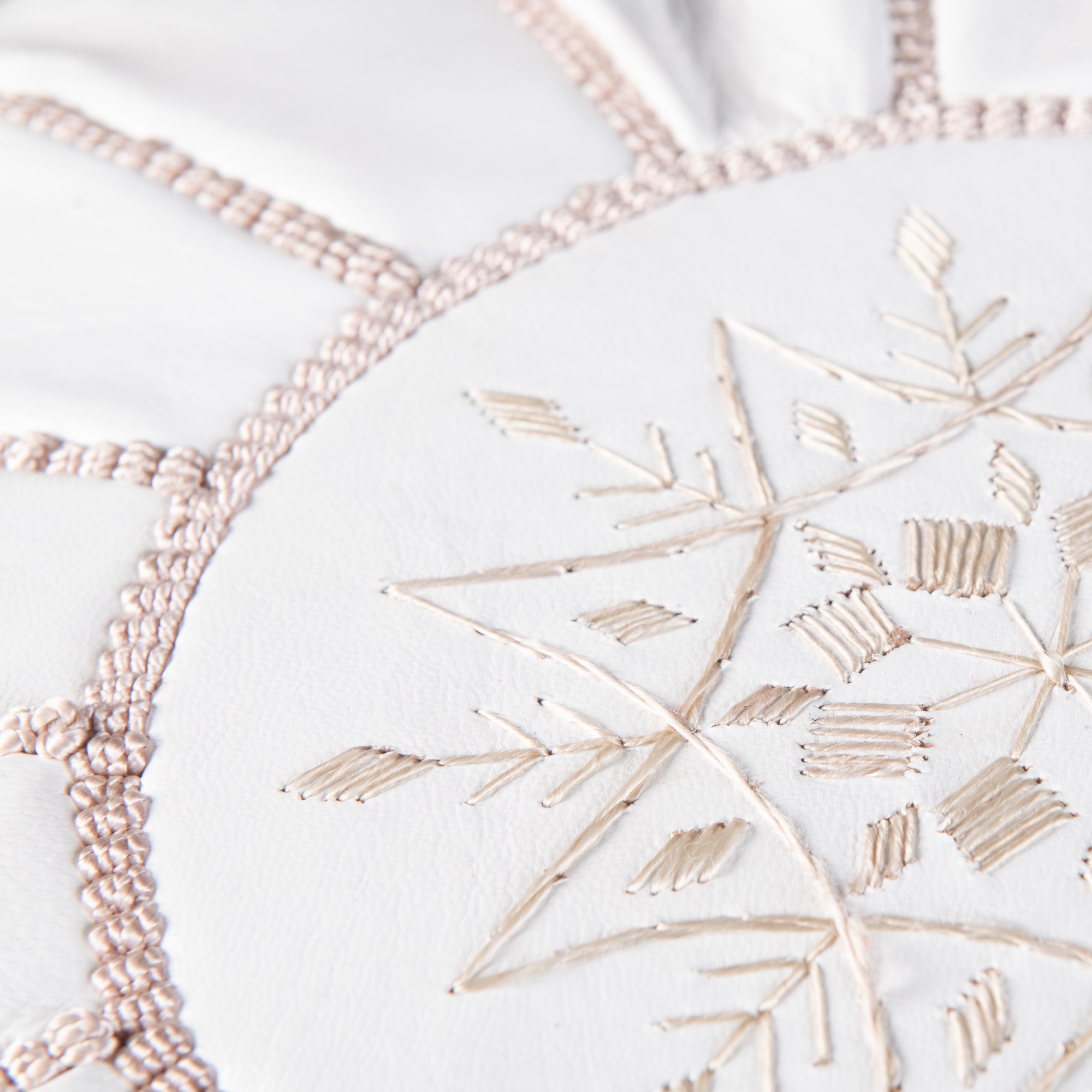 Authentic Moroccan Leather Pouf - White and Beige - Benisouk