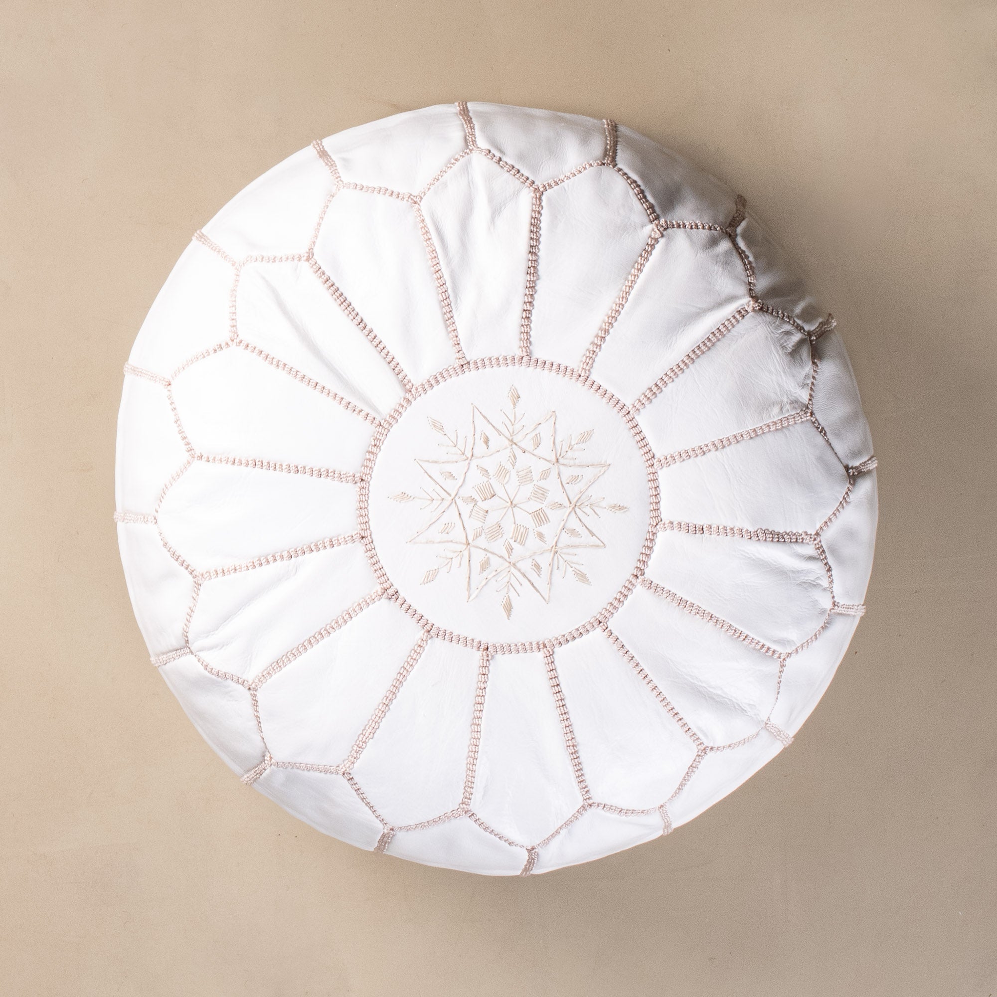 Authentic Moroccan Leather Pouf - White and Beige - Benisouk