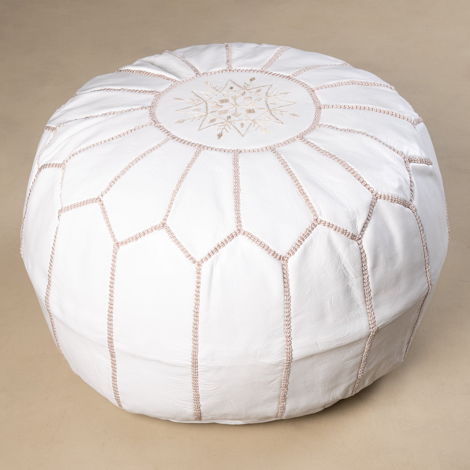 Authentic Moroccan Leather Pouf - White and Beige - Benisouk