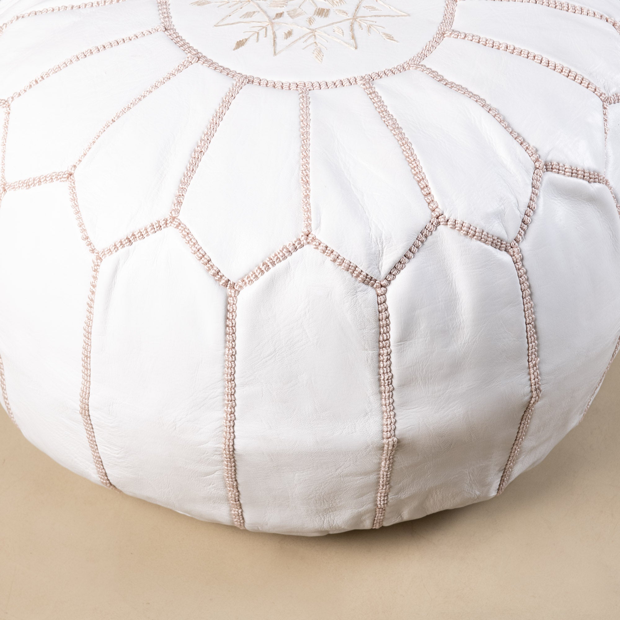 Authentic Moroccan Leather Pouf - White and Beige - Benisouk