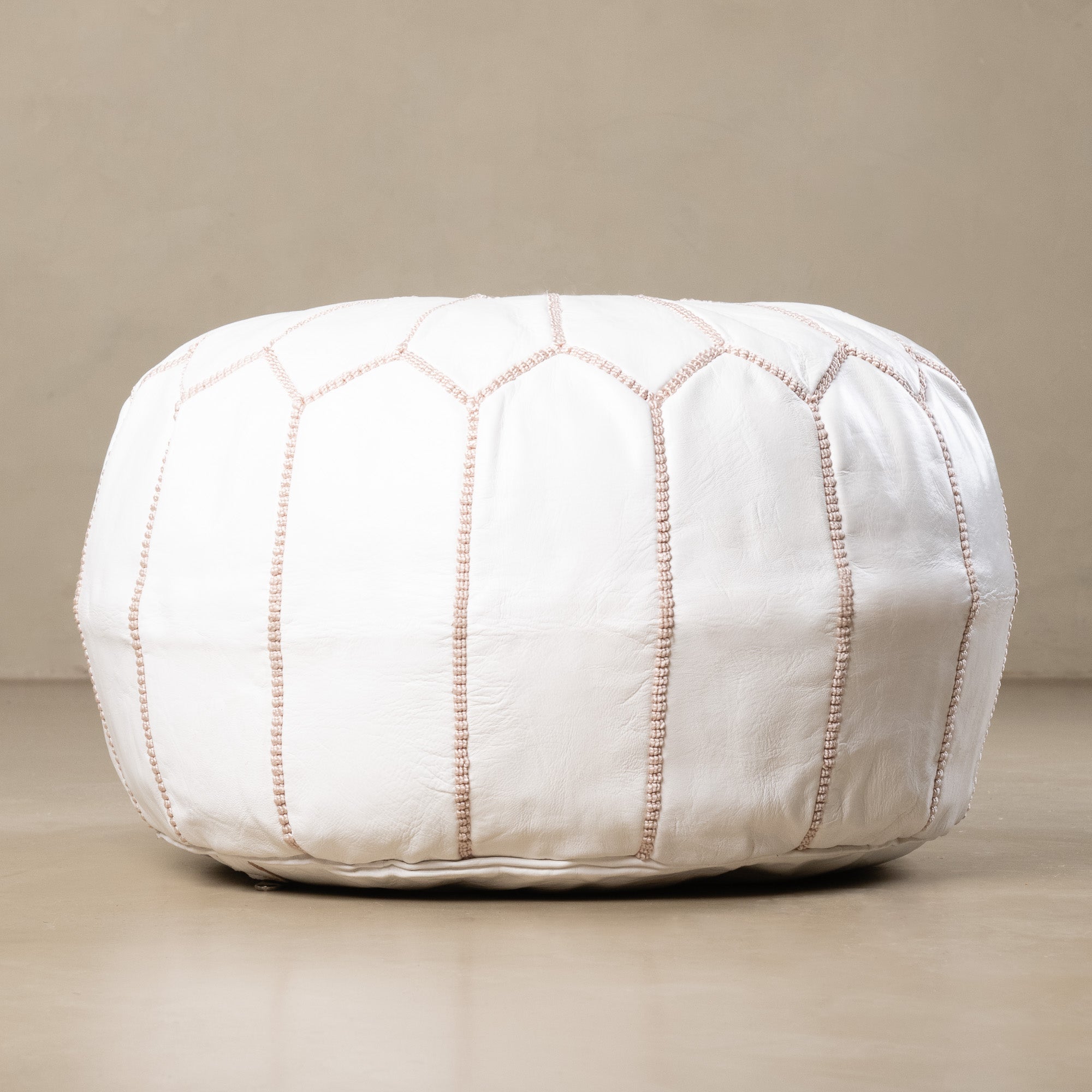 Authentic Moroccan Leather Pouf - White and Beige - Benisouk