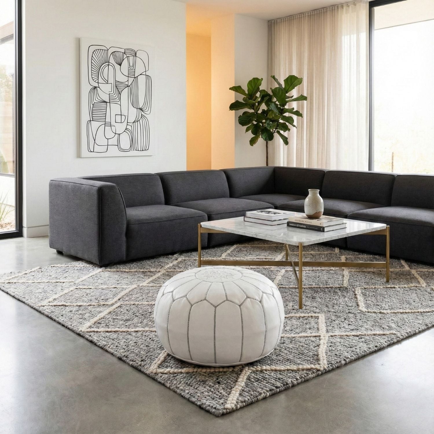 Authentic Moroccan Leather Pouf - White and Grey - Benisouk