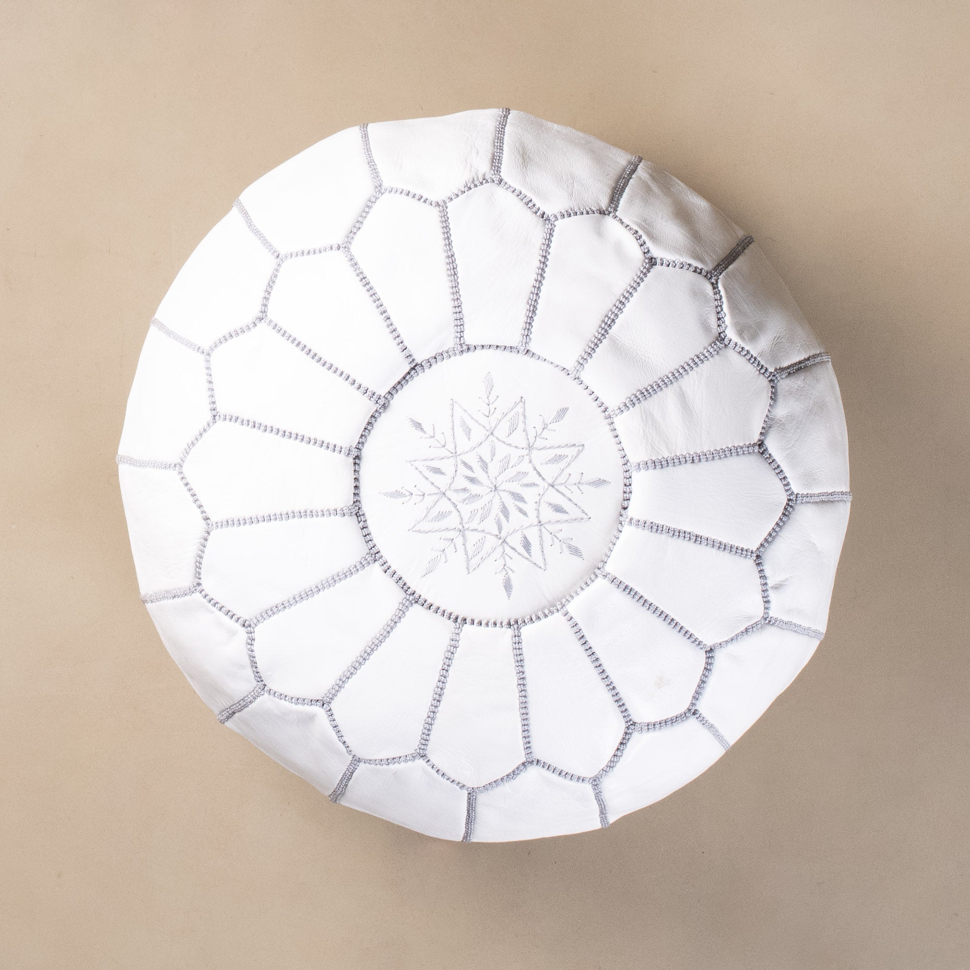 Authentic Moroccan Leather Pouf - White and Grey - Benisouk