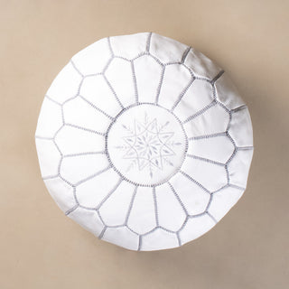 Authentic Moroccan Leather Pouf - White and Grey - Benisouk
