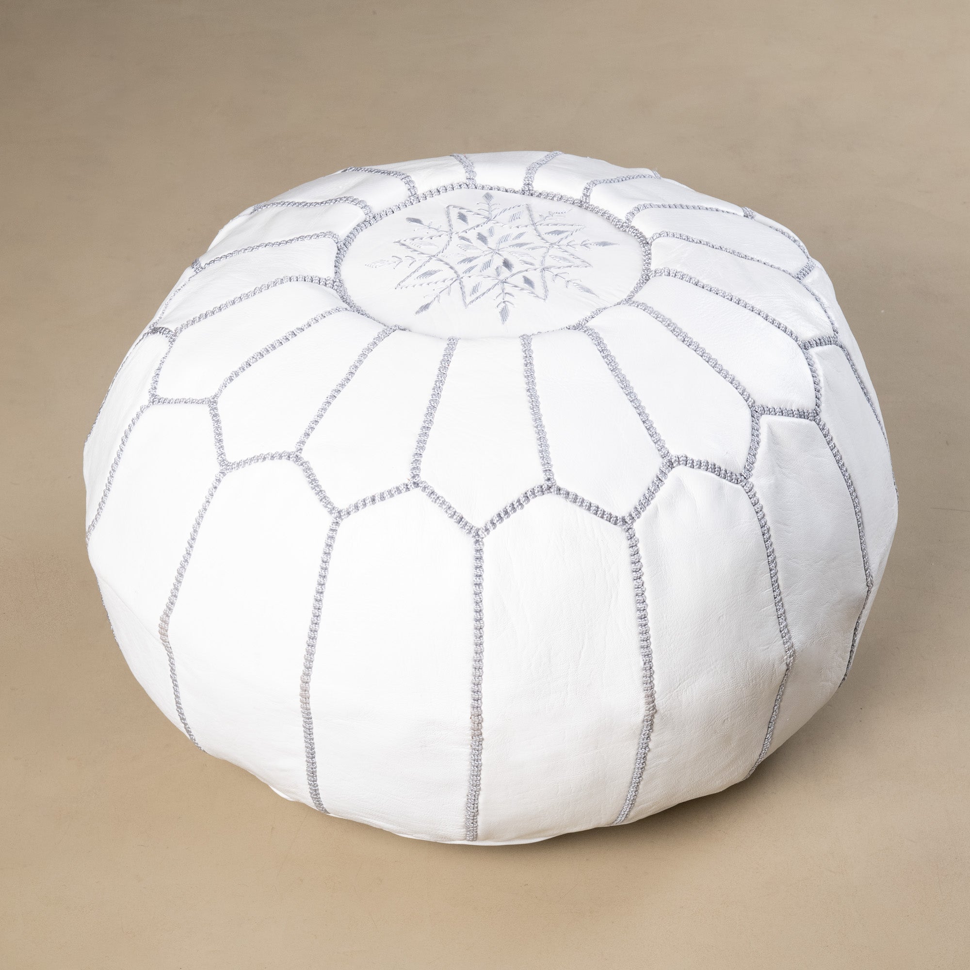 Authentic Moroccan Leather Pouf - White and Grey - Benisouk