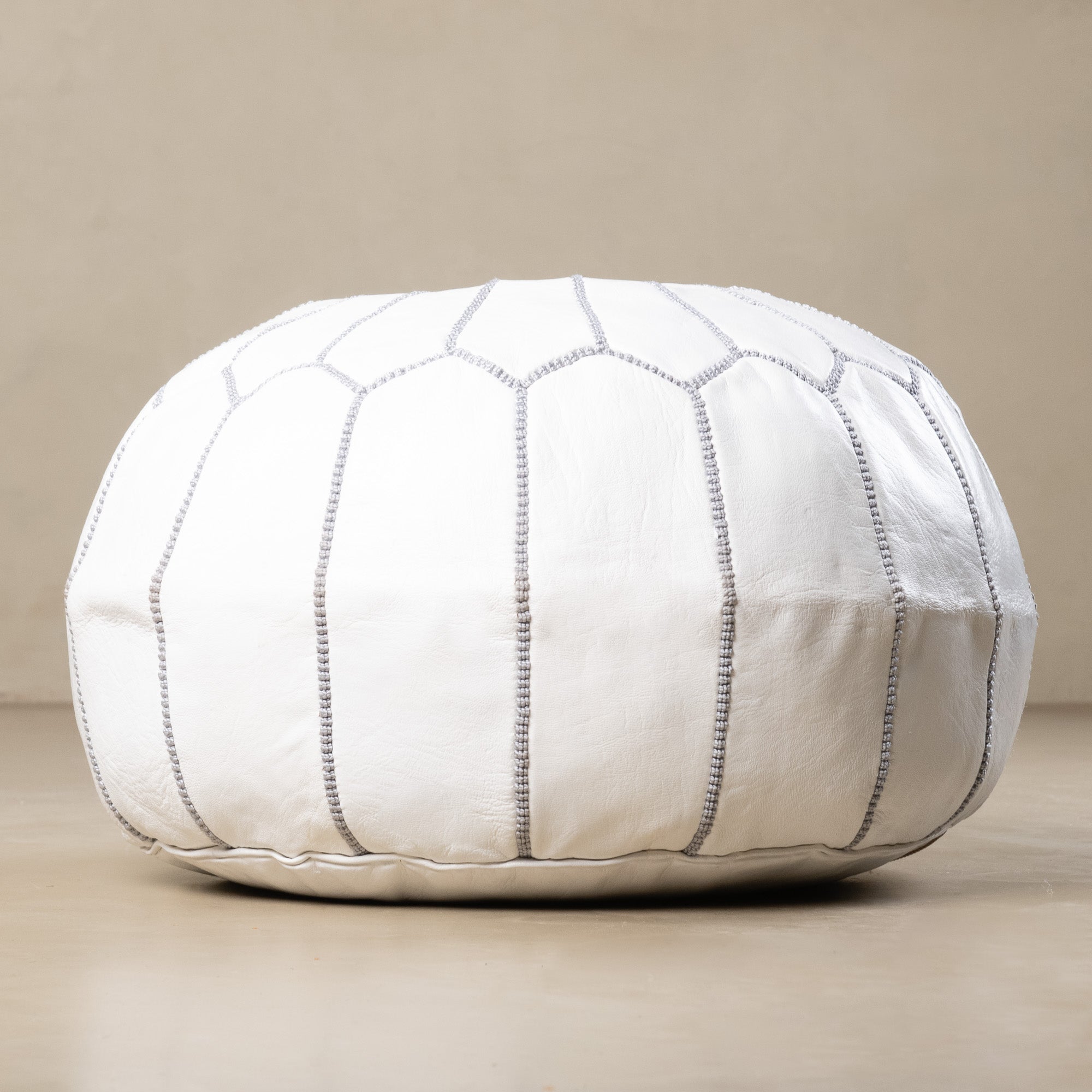 Authentic Moroccan Leather Pouf - White and Grey - Benisouk