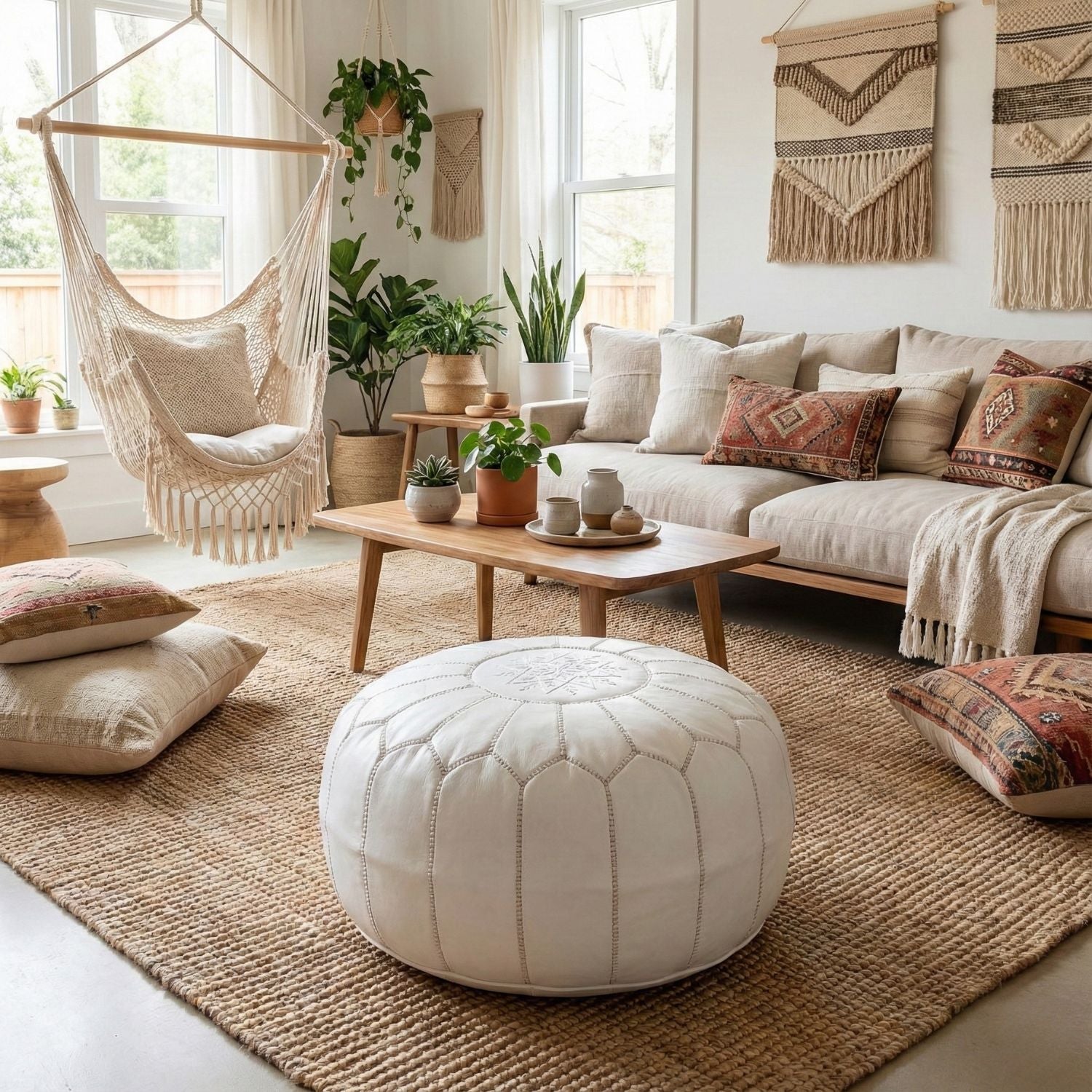 Authentic Moroccan Leather Pouf - White - Benisouk