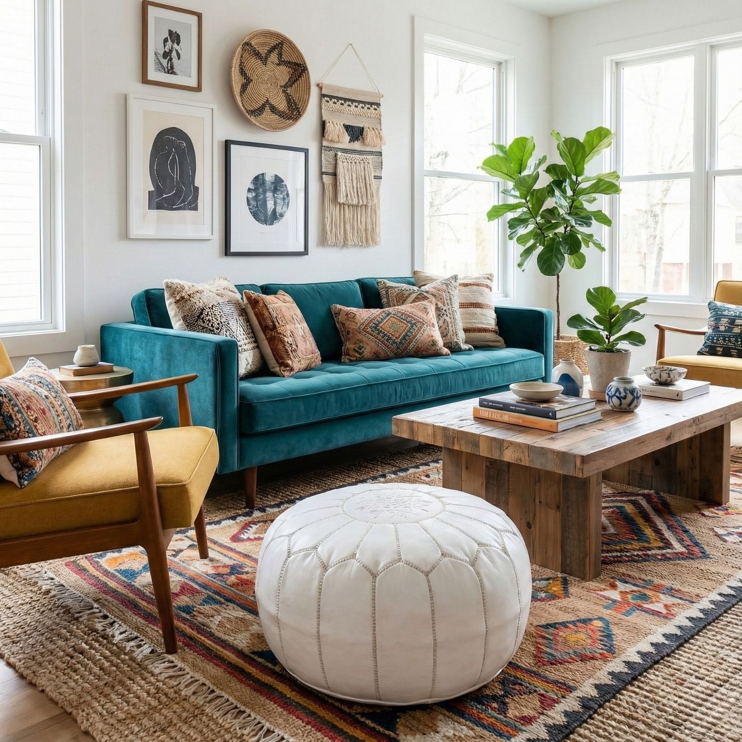 Authentic Moroccan Leather Pouf - White - Benisouk