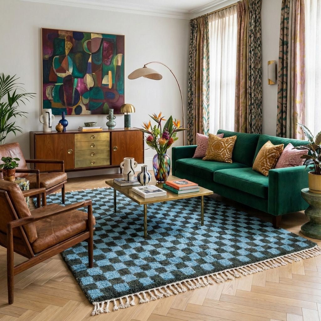 Dama Soldier green Hawaiian Blue - Shag Moroccan rug - Benisouk