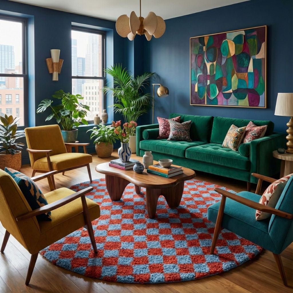 Dama Terracotta Blue Round - Shag Moroccan rug - Benisouk