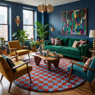 Dama Terracotta Blue Round - Shag Moroccan rug - Benisouk