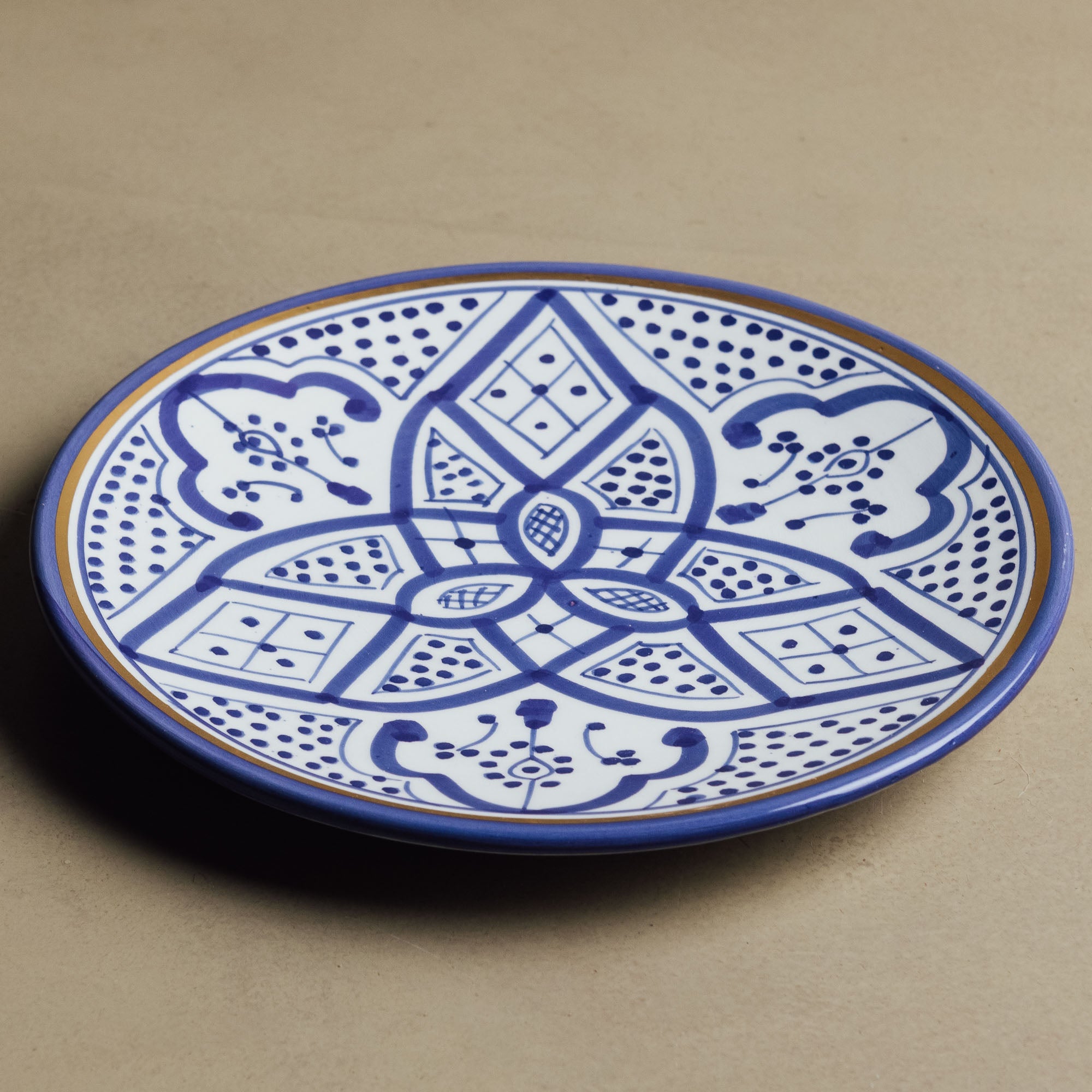 Fez Dinner Plate Blue - Moroccan Dinnerware Adorned with 12 Carat Gold Accents - Benisouk