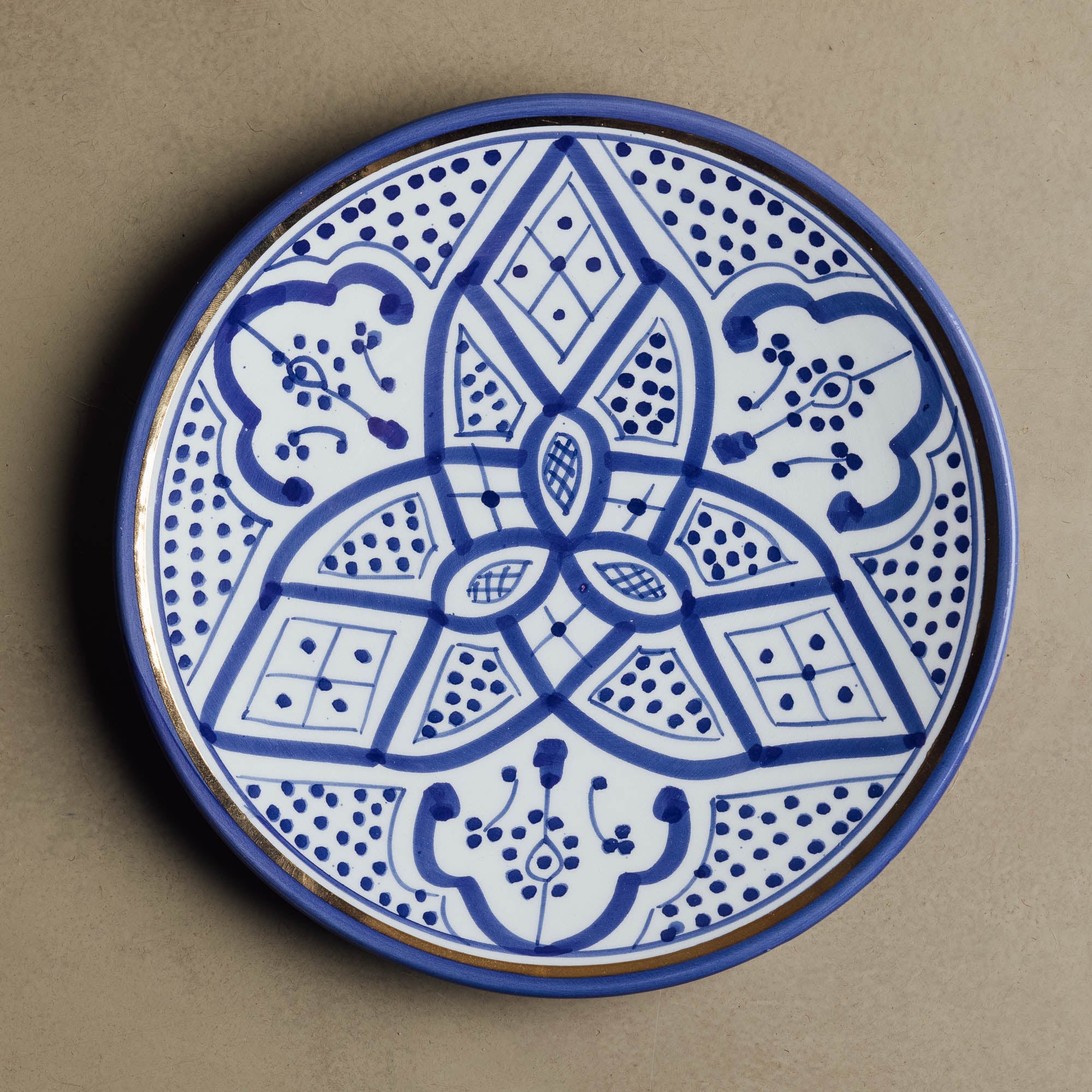 Fez Dinner Plate Blue - Moroccan Dinnerware Adorned with 12 Carat Gold Accents - Benisouk