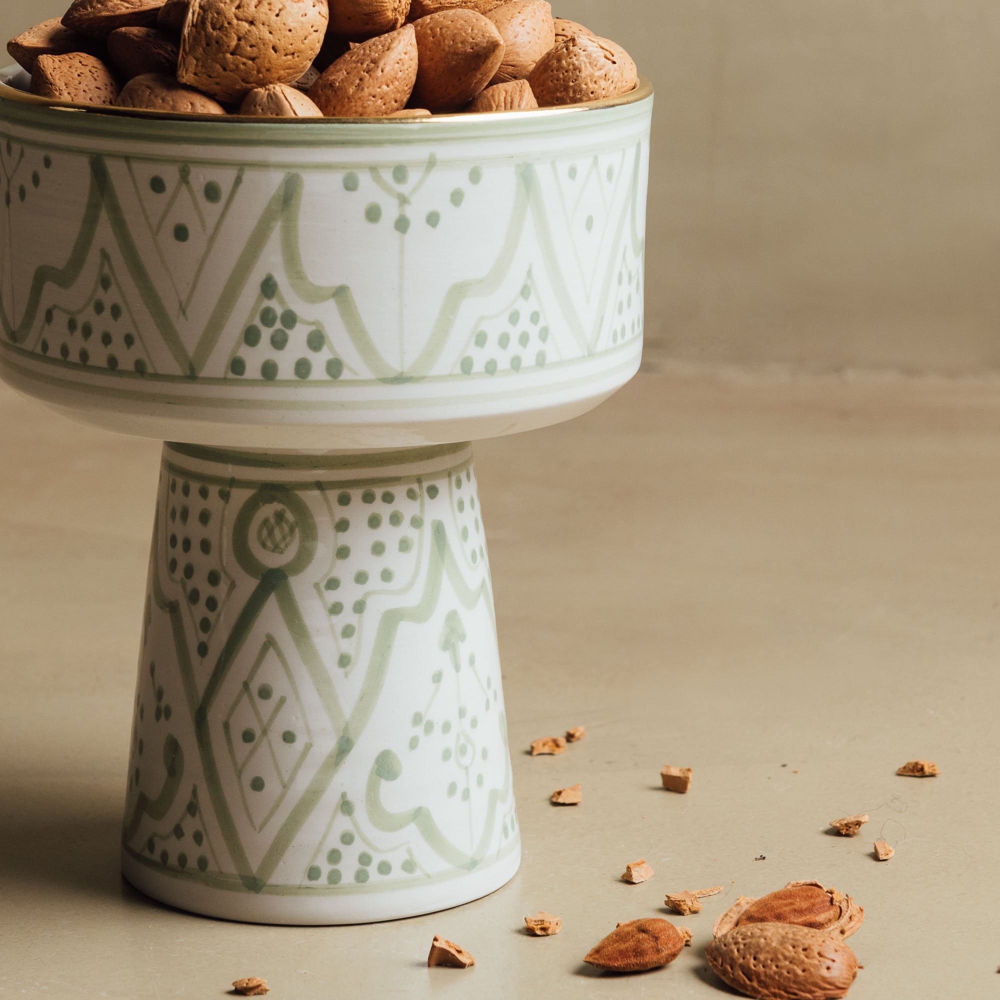 Fez Green Pedestal Bowl - Handcrafted with 12 Carat Gold Accents - Benisouk