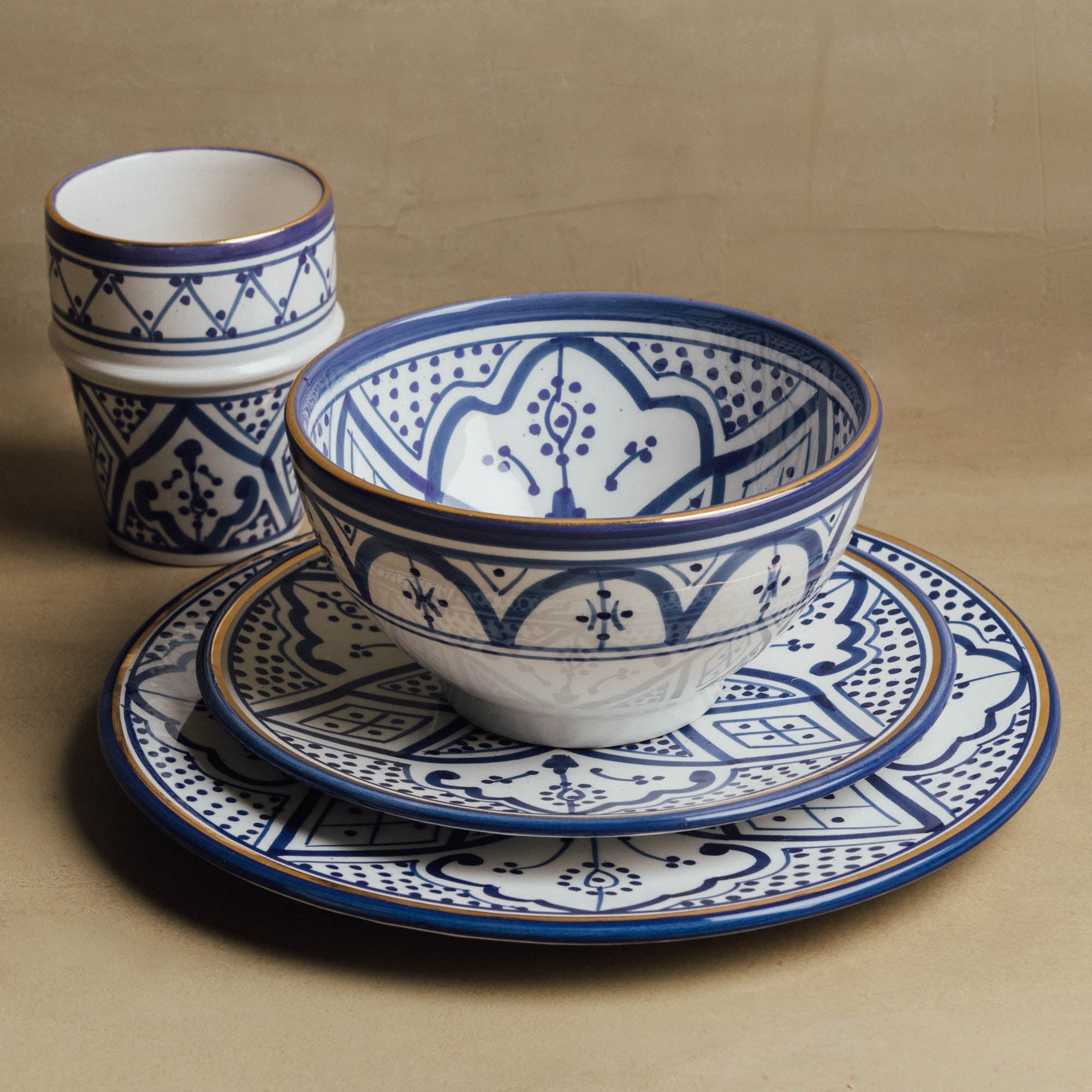 Fez Royal Azure - Moroccan Dinnerware Set with 12 Carat Gold Accents - Benisouk