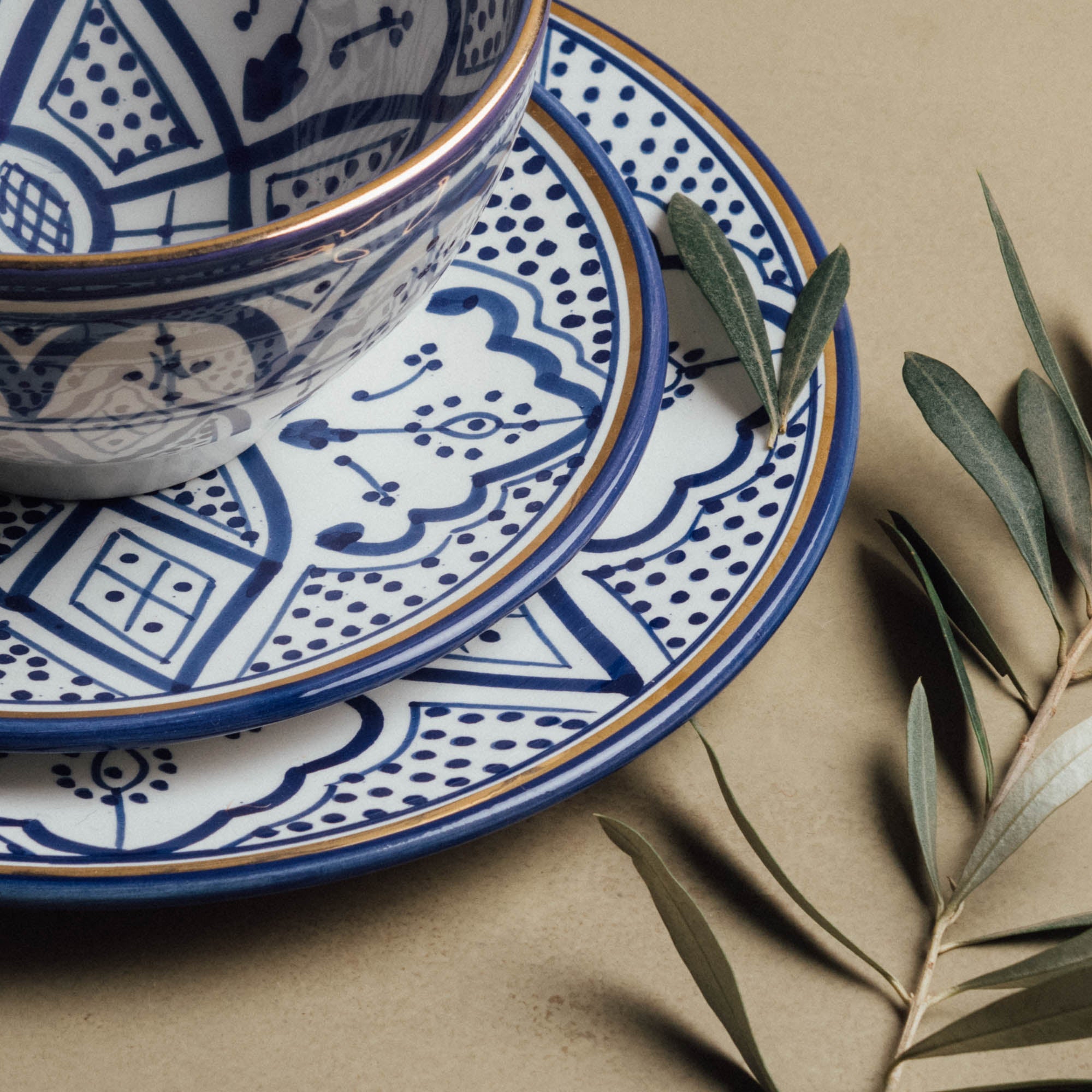 Fez Royal Azure - Moroccan Dinnerware Set with 12 Carat Gold Accents - Benisouk