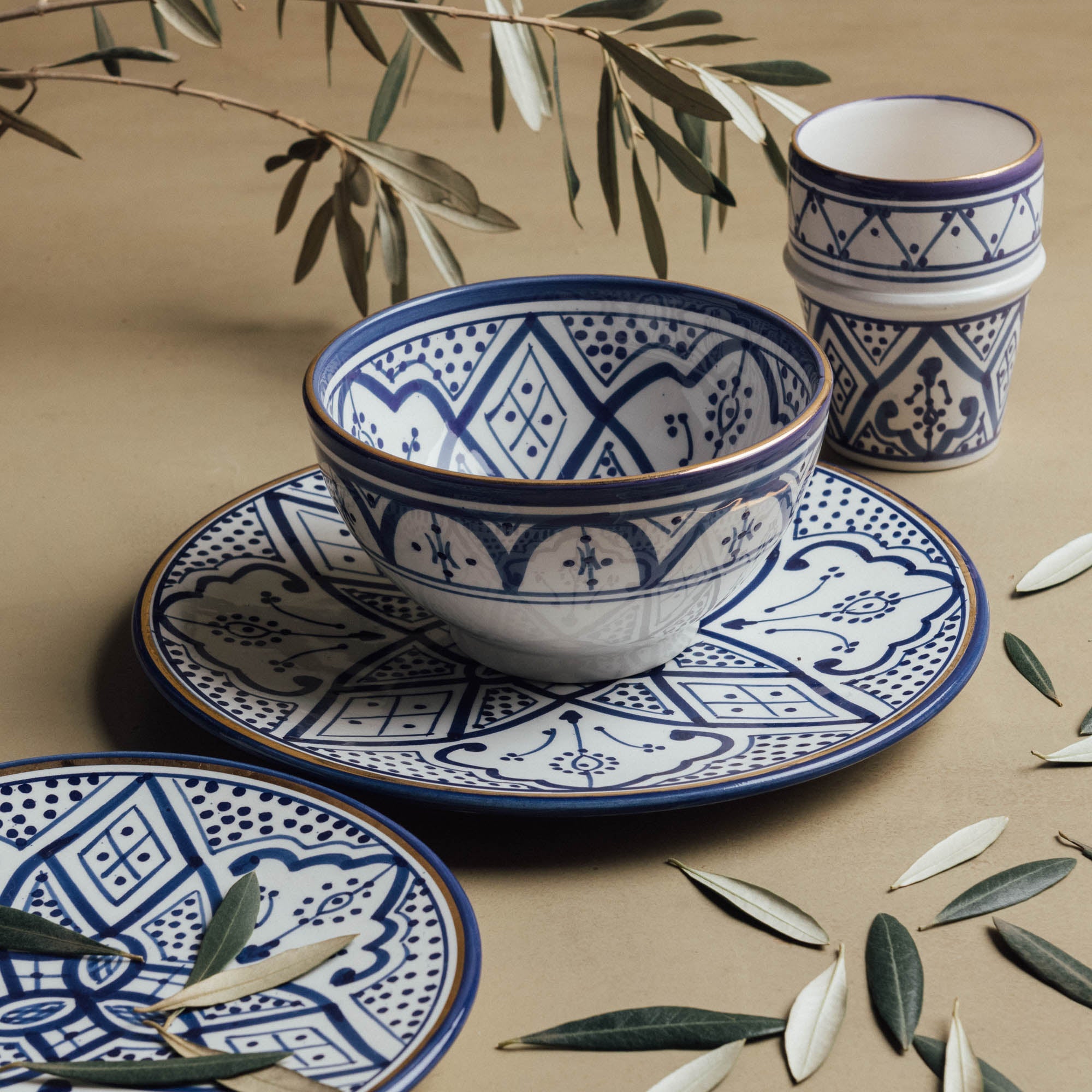 Fez Royal Azure - Moroccan Dinnerware Set with 12 Carat Gold Accents - Benisouk