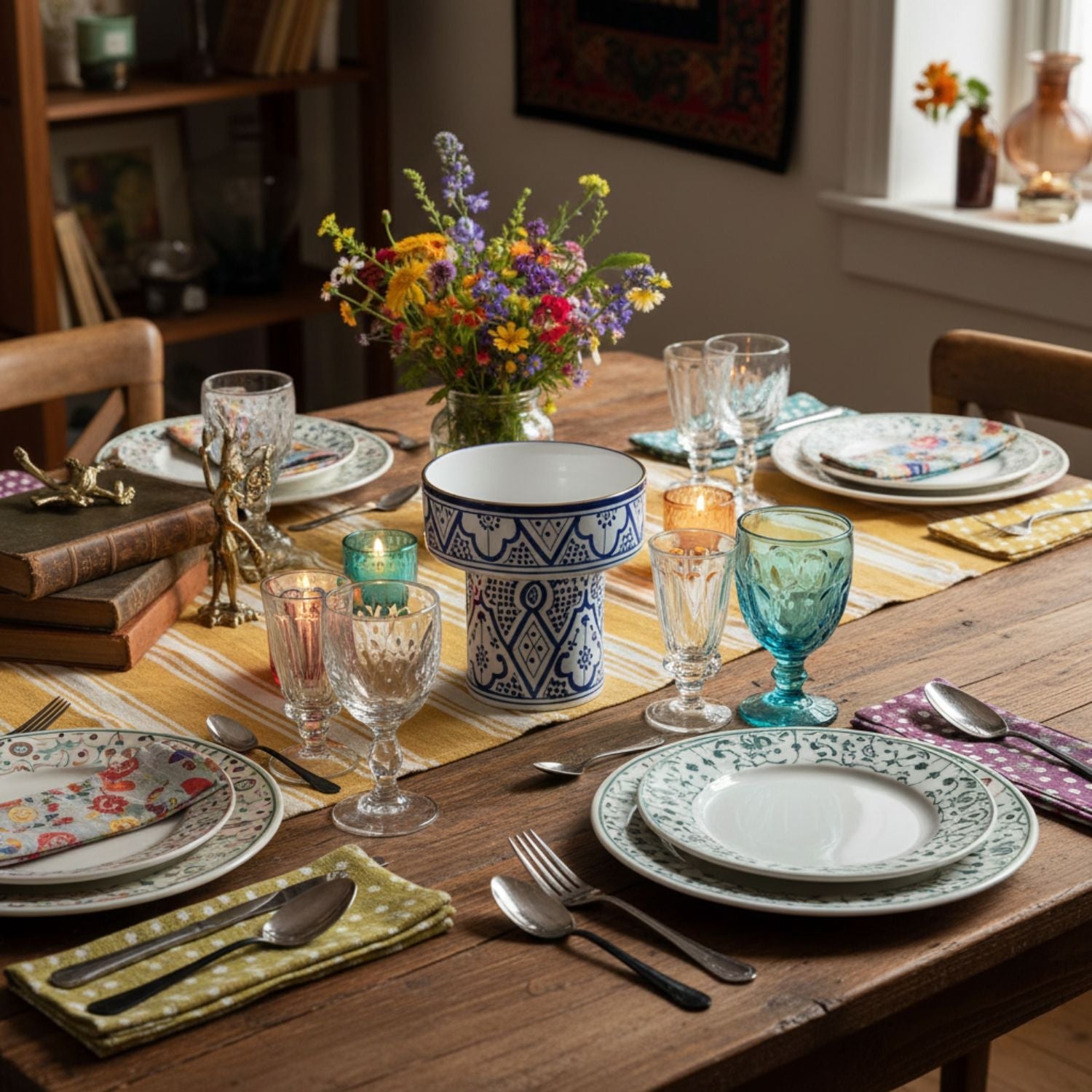 Fez Royal Azure Pedestal Bowl - Handcrafted with 12 Carat Gold Accents - Benisouk