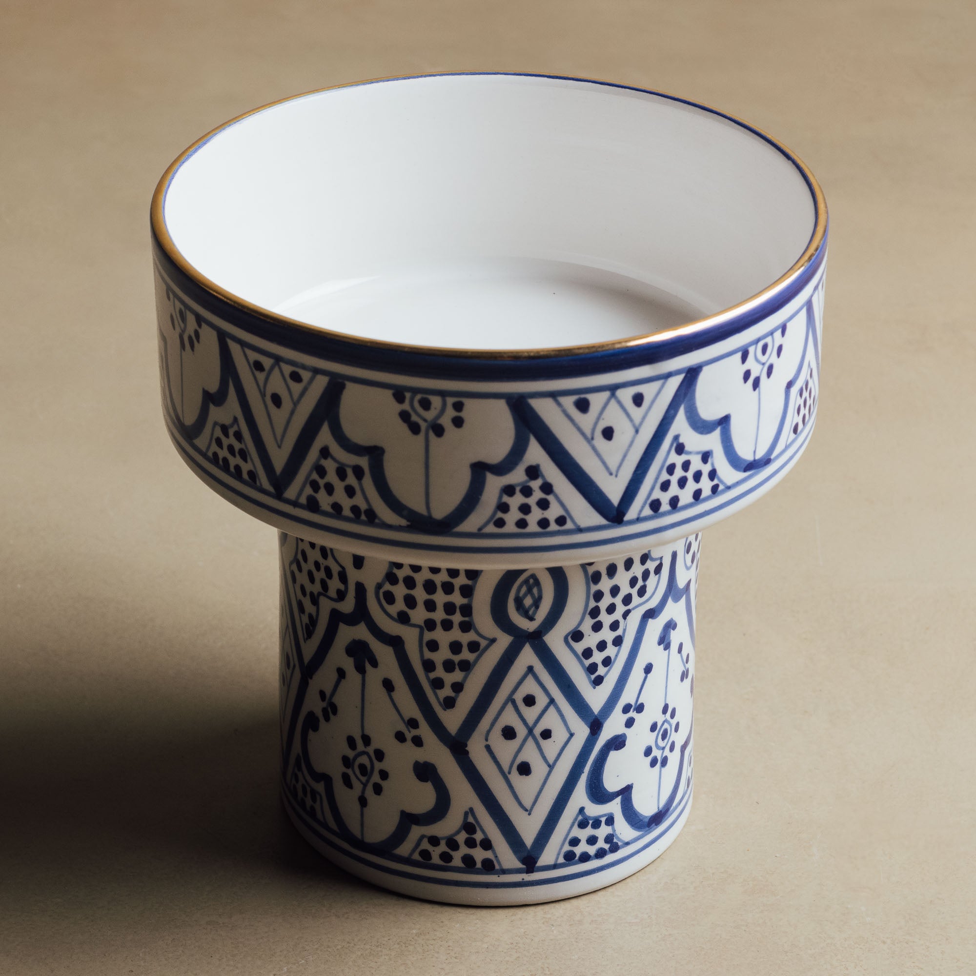 Fez Royal Azure Pedestal Bowl - Handcrafted with 12 Carat Gold Accents - Benisouk