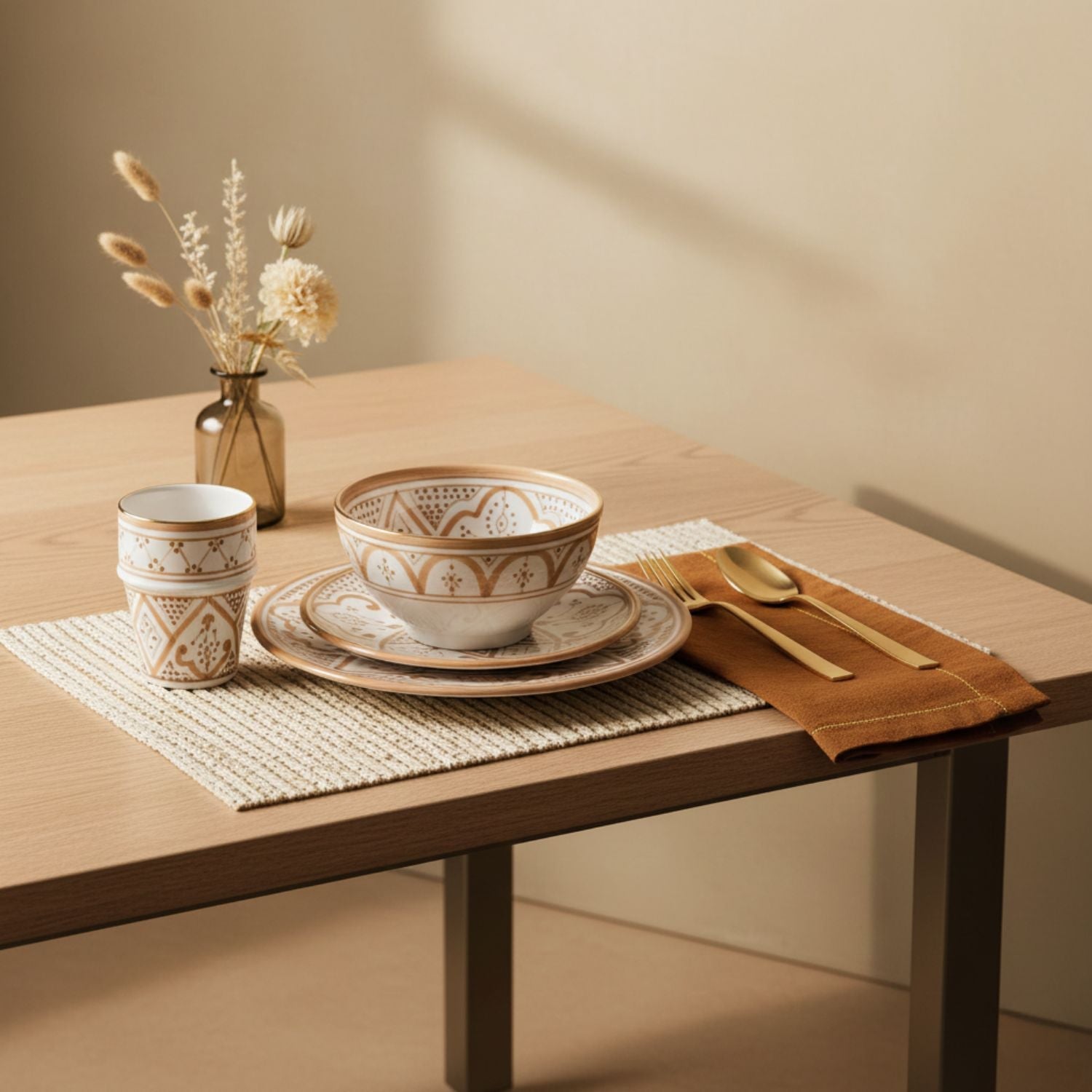 Fez Sand - Moroccan Dinnerware Set Adorned with 12 Carat Gold Accents - Benisouk