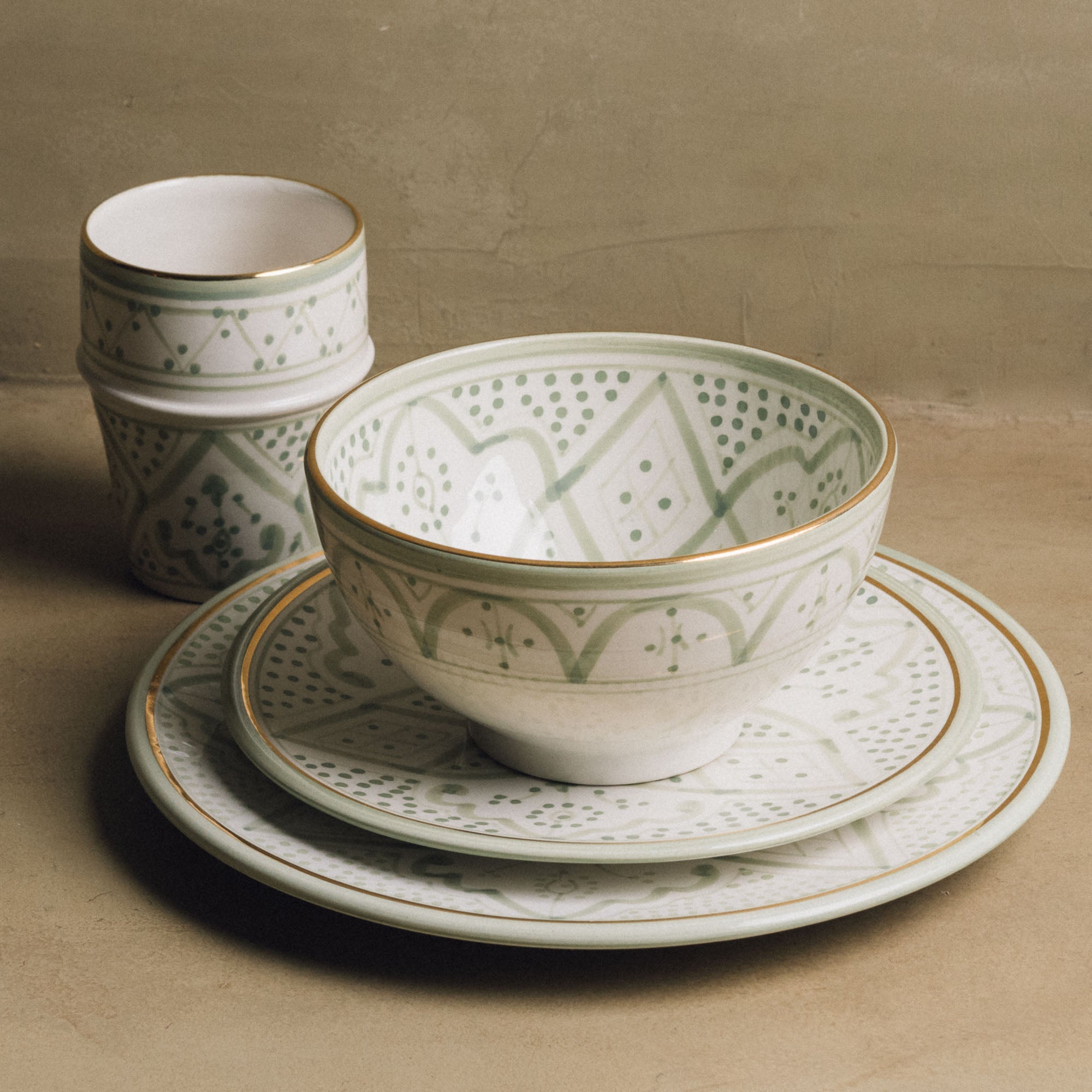 Fez Verdant Grace - Moroccan Dinnerware Set Adorned with 12 Carat Gold Accents - Benisouk