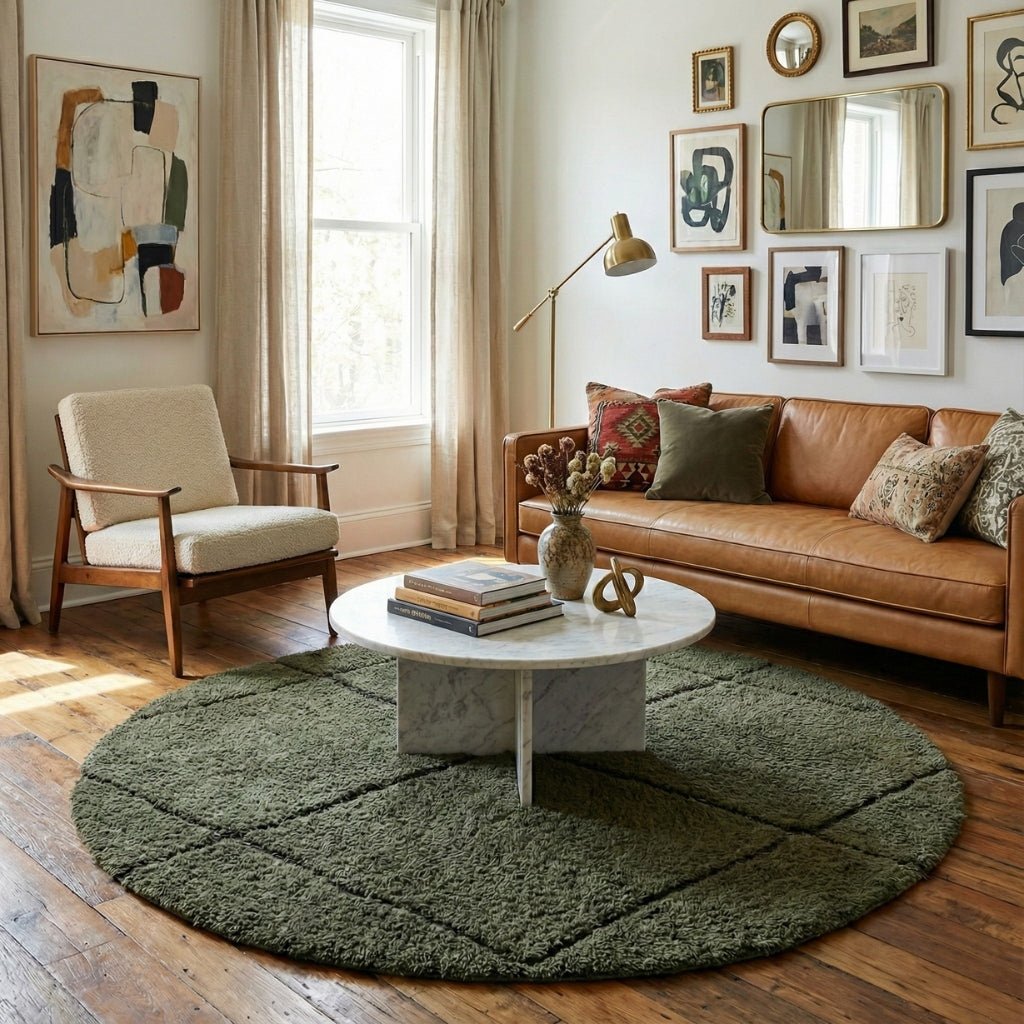 Mahafar Soldier Green Round - Shag Moroccan rug - Benisouk