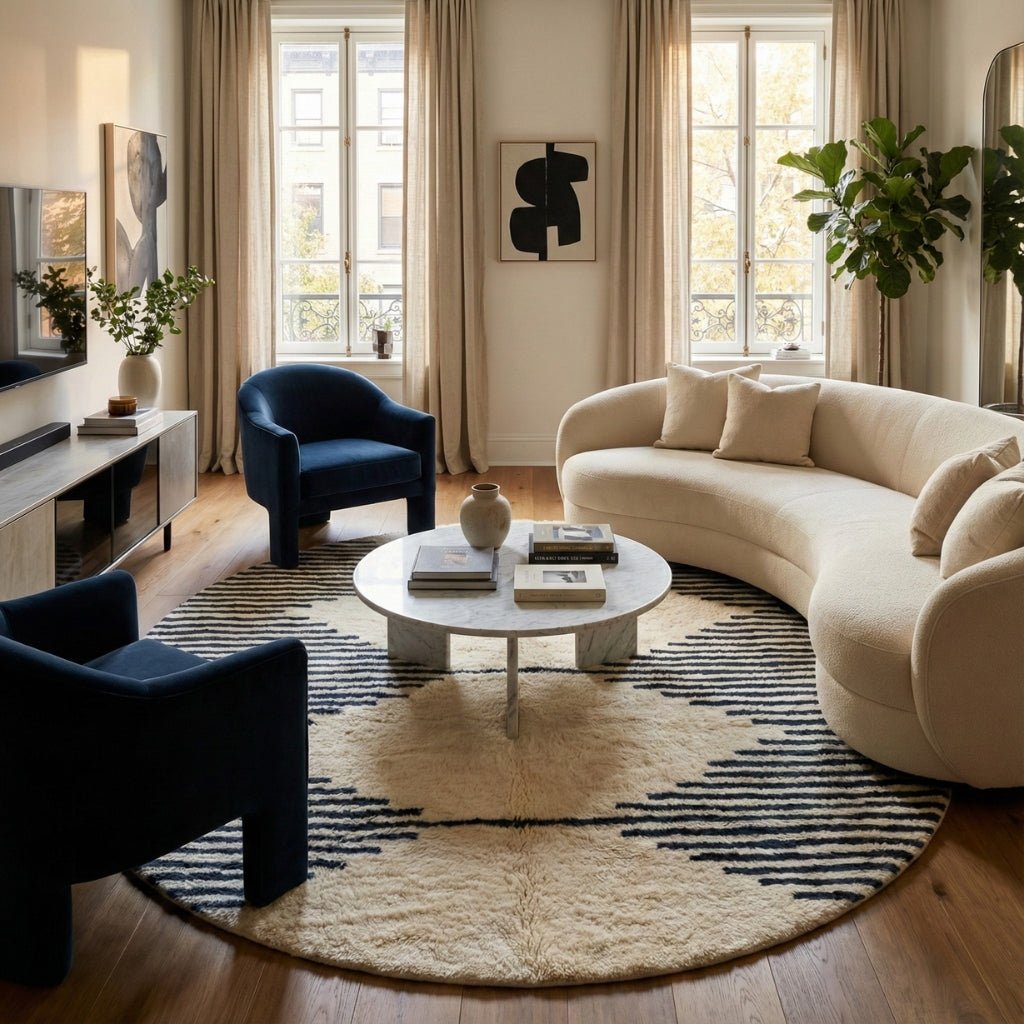 Symmetrical Connexion Round - Luxury Shag Moroccan Rug - Benisouk