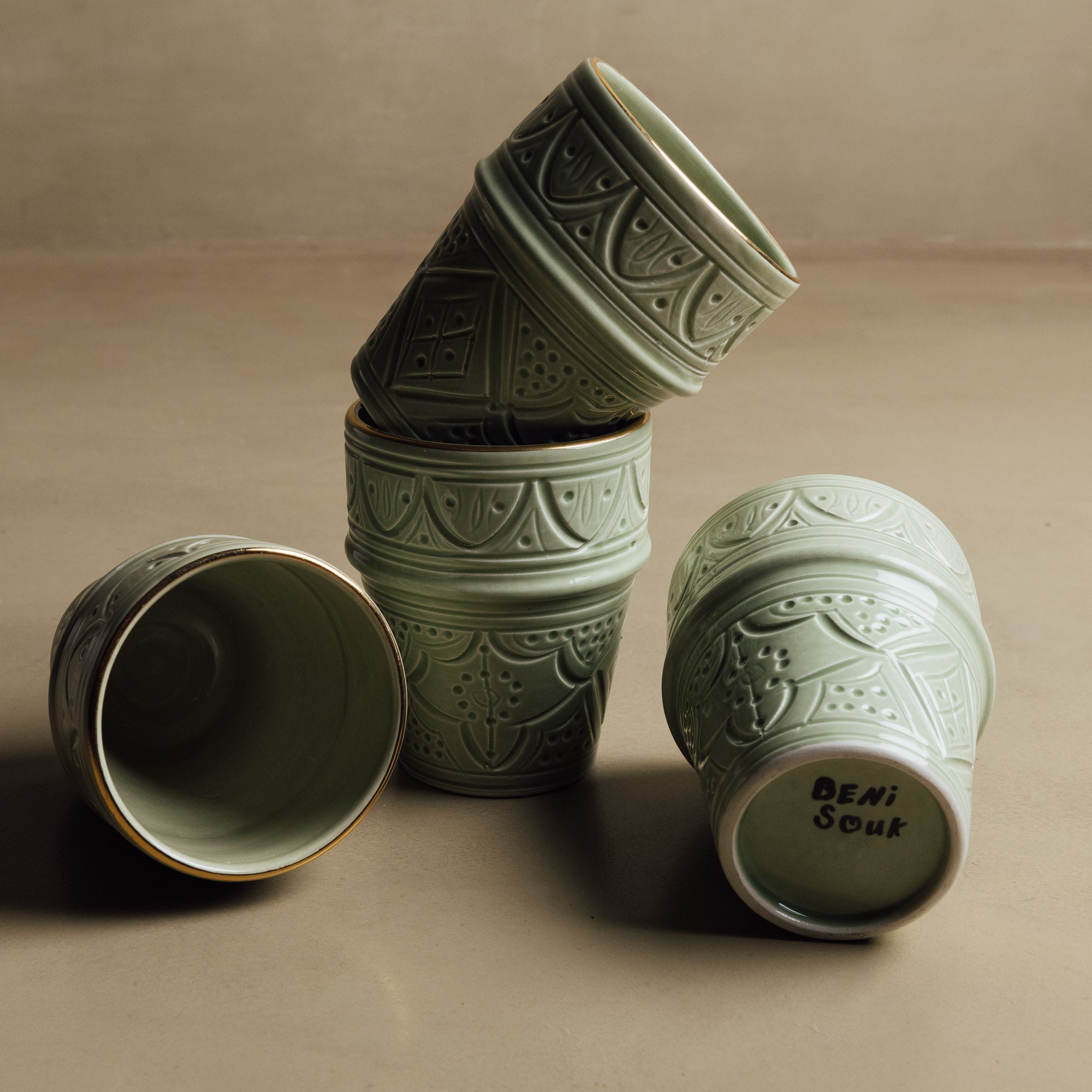 Zagora Green Cup - Moroccan Dinnerware Adorned with 12 Carat Gold Accents - Benisouk