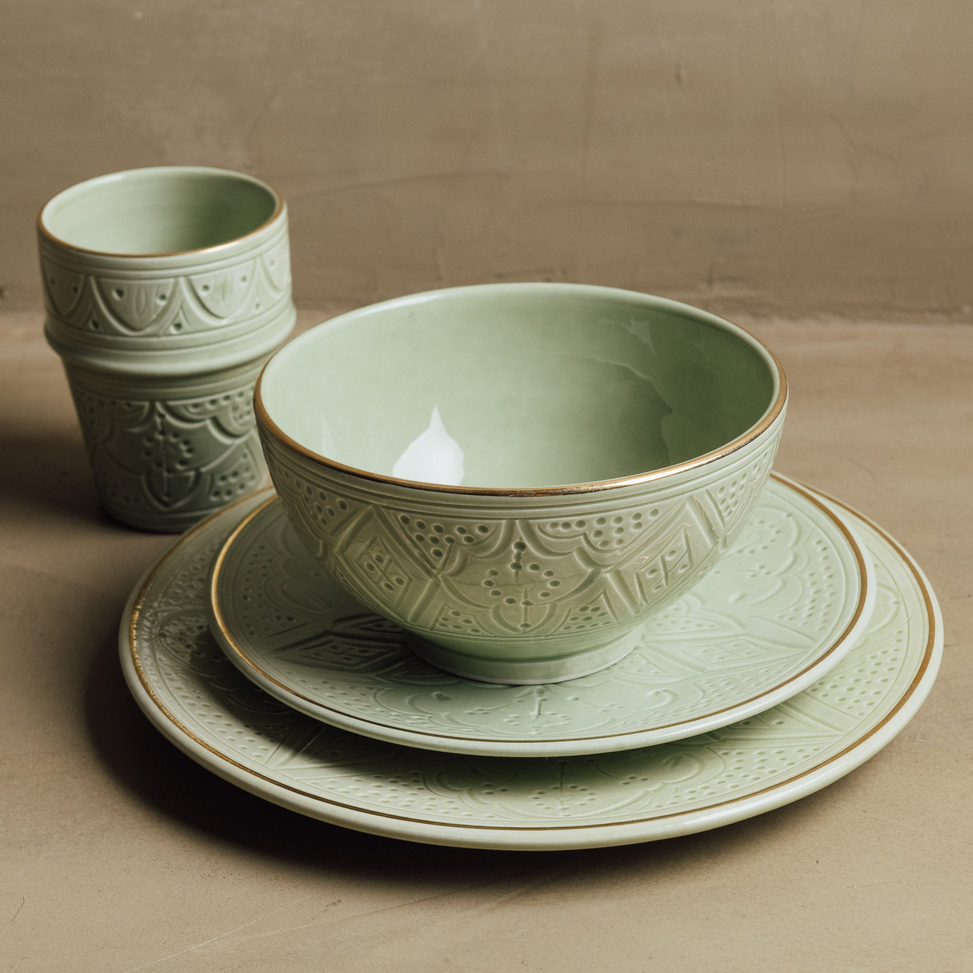 Zagora Green - Moroccan Dinnerware Set Adorned with 12 Carat Gold Accents - Benisouk
