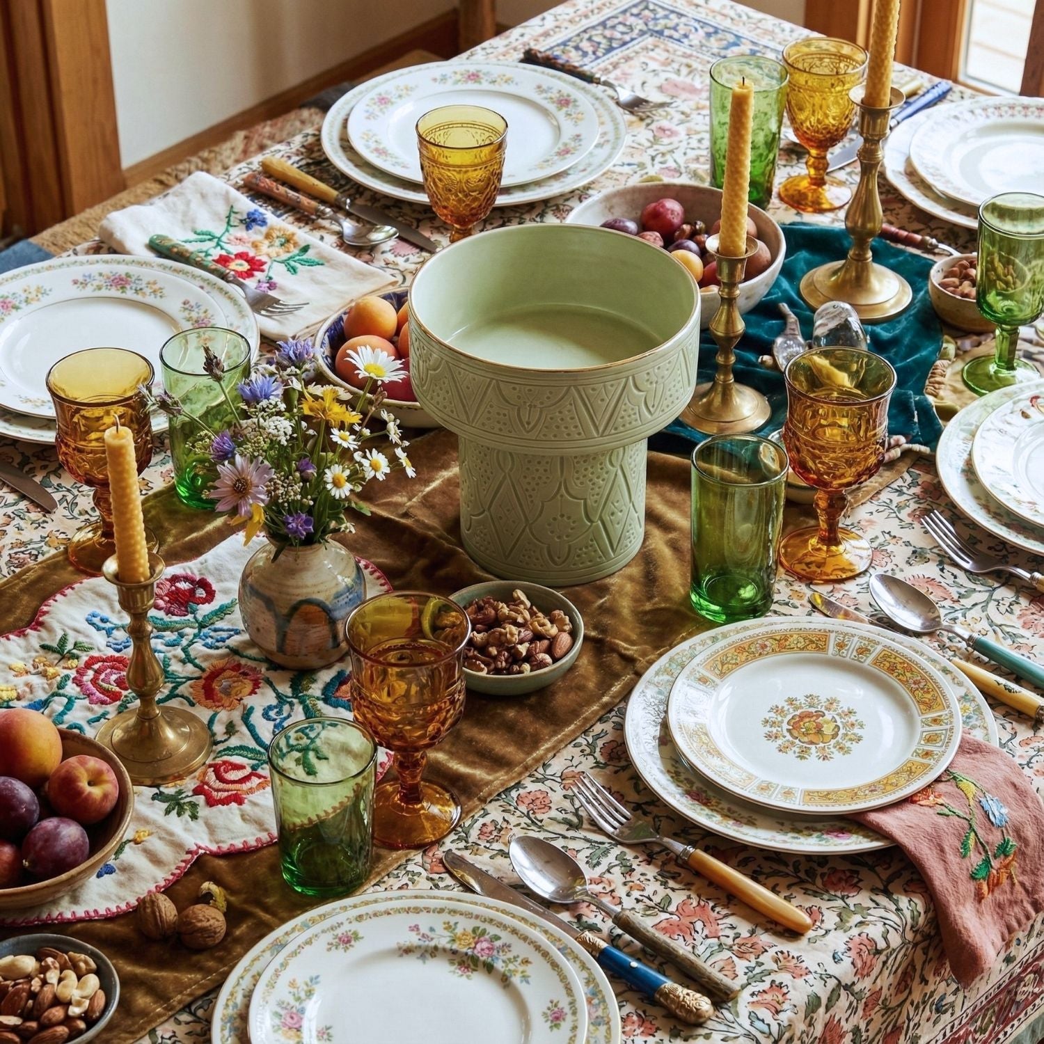 Zagora Green Pedestal Bowl - Handcrafted with 12 Carat Gold Accents - Benisouk