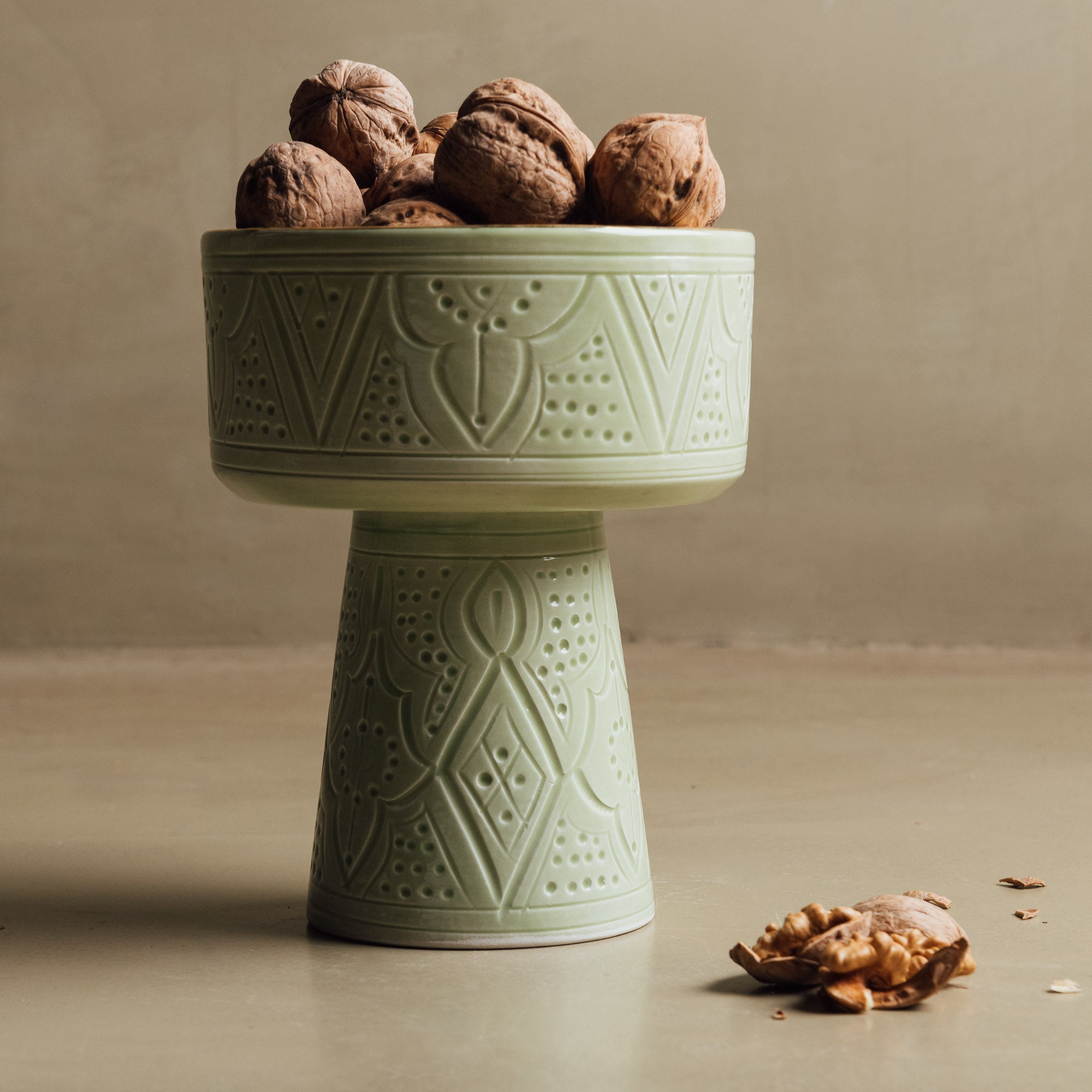 Zagora Green Pedestal Bowl - Handcrafted with 12 Carat Gold Accents - Benisouk