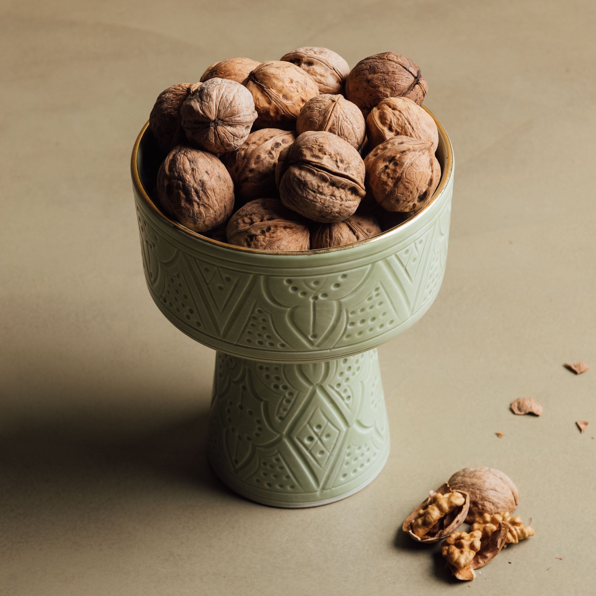 Zagora Green Pedestal Bowl - Handcrafted with 12 Carat Gold Accents - Benisouk