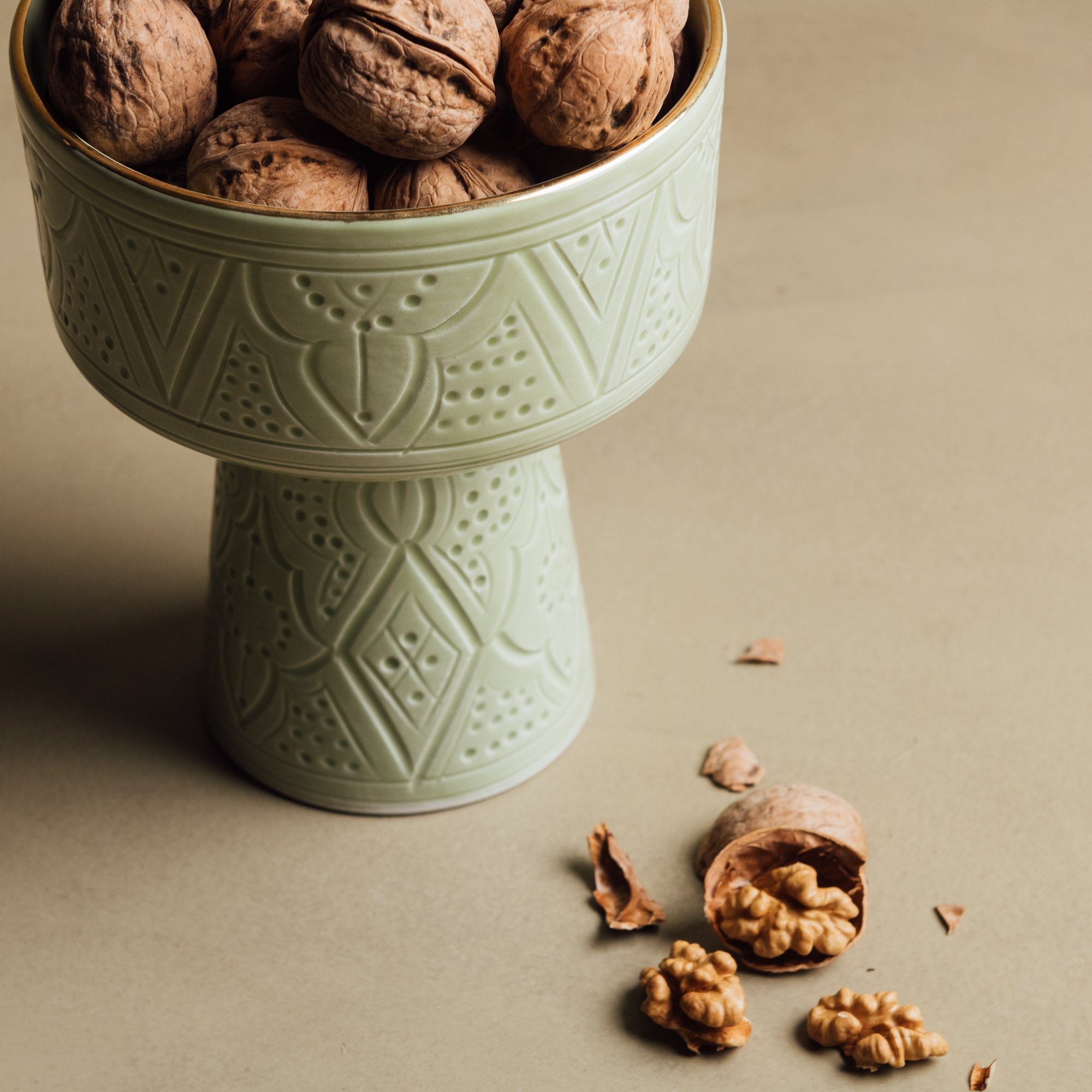 Zagora Green Pedestal Bowl - Handcrafted with 12 Carat Gold Accents - Benisouk